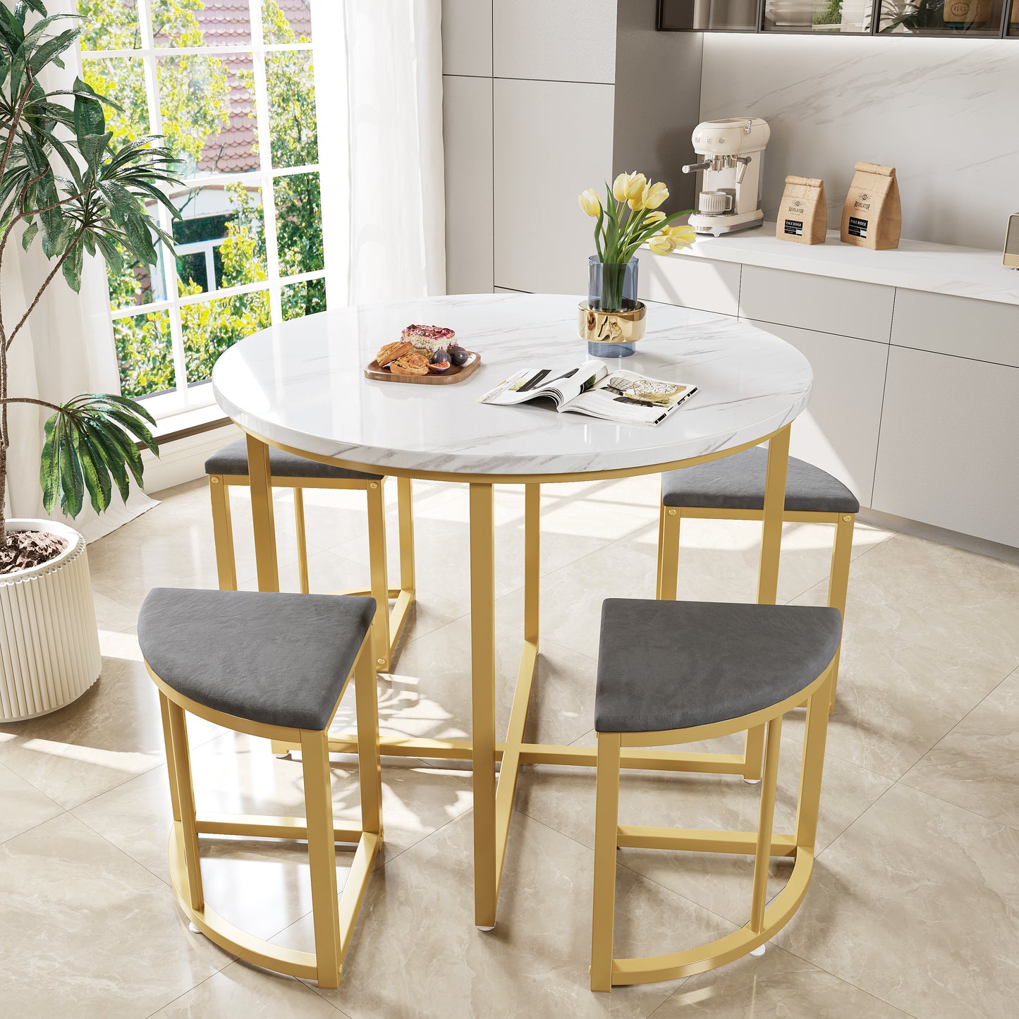 Gigab2b original image - Esszimmertisch-Set mit vier Stühlen,Essgruppe mit MDF-Tischplatte und vergoldeten Eisenrahmen,Samtstuhl,Moderne Luxustische und-stühle,grau