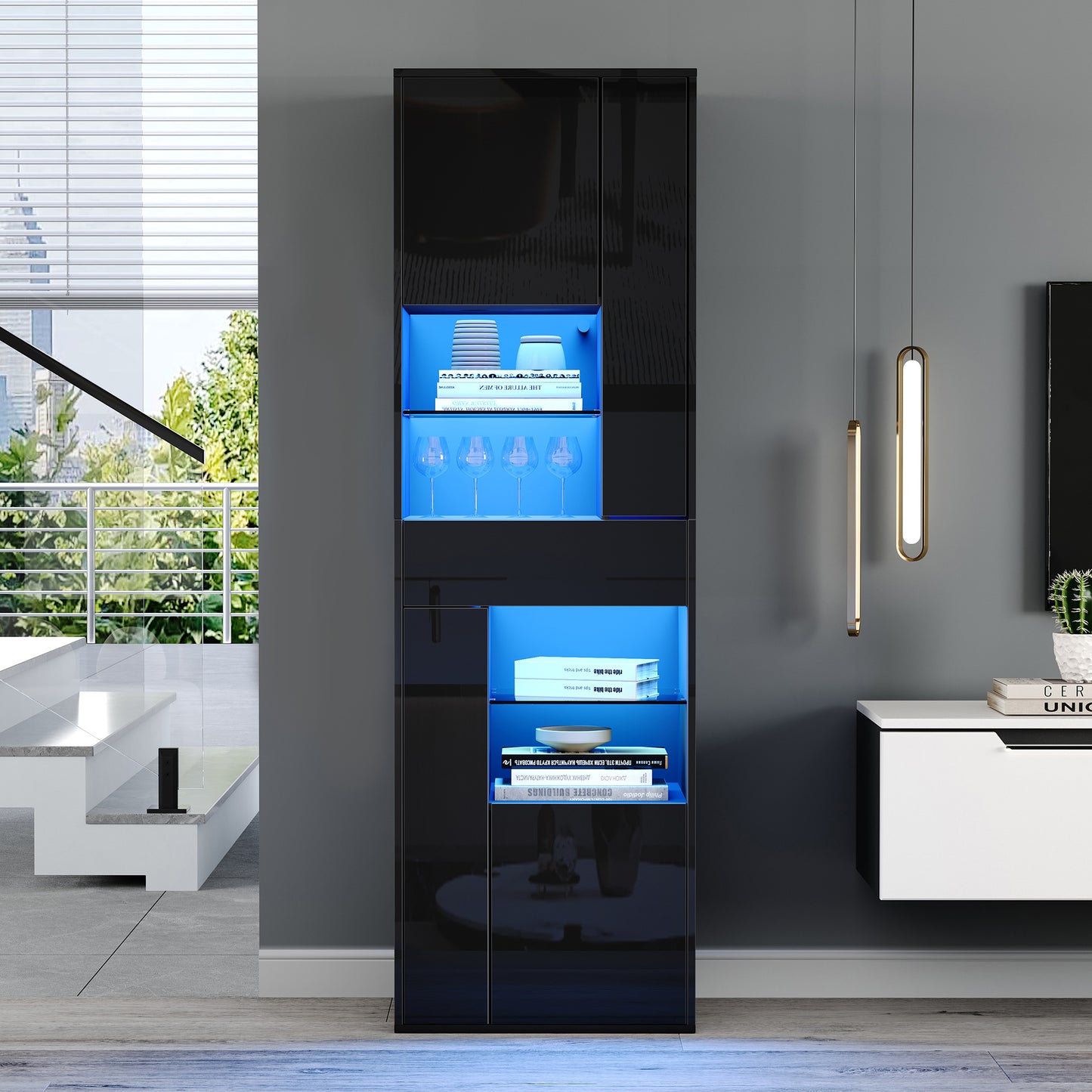 55*38*170cm Verkaufsvitrine, Hochschrank mit 1 Schublade und 4 Schränken,Glasvitrine Vitrinenschränke mit led , Vitrinen Mit Hochglanz-Design,Wohnzimmerschränke, Vitrinen, Schaukästen,Schwarz
