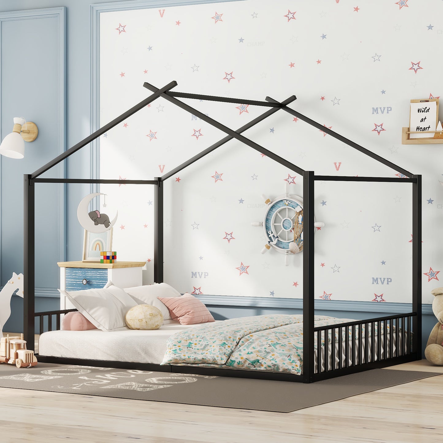 140*200cm Flachbett, Eisenrahmenbett, Kinderbett, Hausleiste, Schwarz