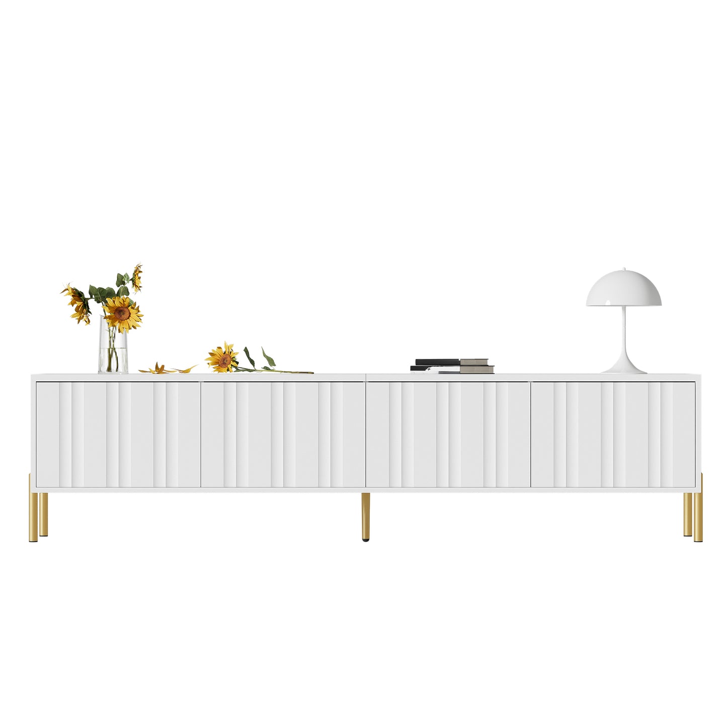 Gigab2b original image - Weißes TV-Schrank, 190 cm lang x 38 cm breit x 48 cm hoch, goldene Tischbeine, gerilltes Türdesign