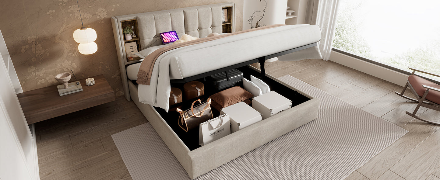 (=AB20359798N)Doppelbett mit Kabellosem Laden USB C, Polsterbett Bettgestell 180x200cm,Bettgestell mit Stauraum Lattenrost aus Holz-Natürlich Leinen