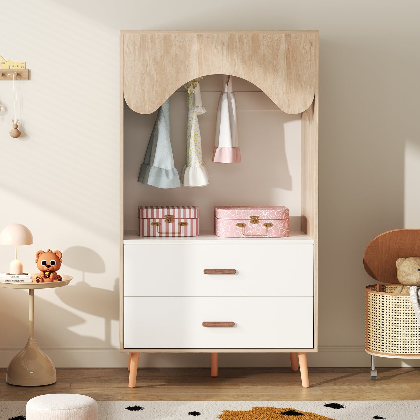 Gigab2b original image - Kinderkleiderschrank, Kleiderschrank mit Kleiderstange, mit Schubladen, offener Kleiderschrank, Vollholzgriffen, aus Spanplatte, weiß+natürliches Holz, 80×46×141,5cm