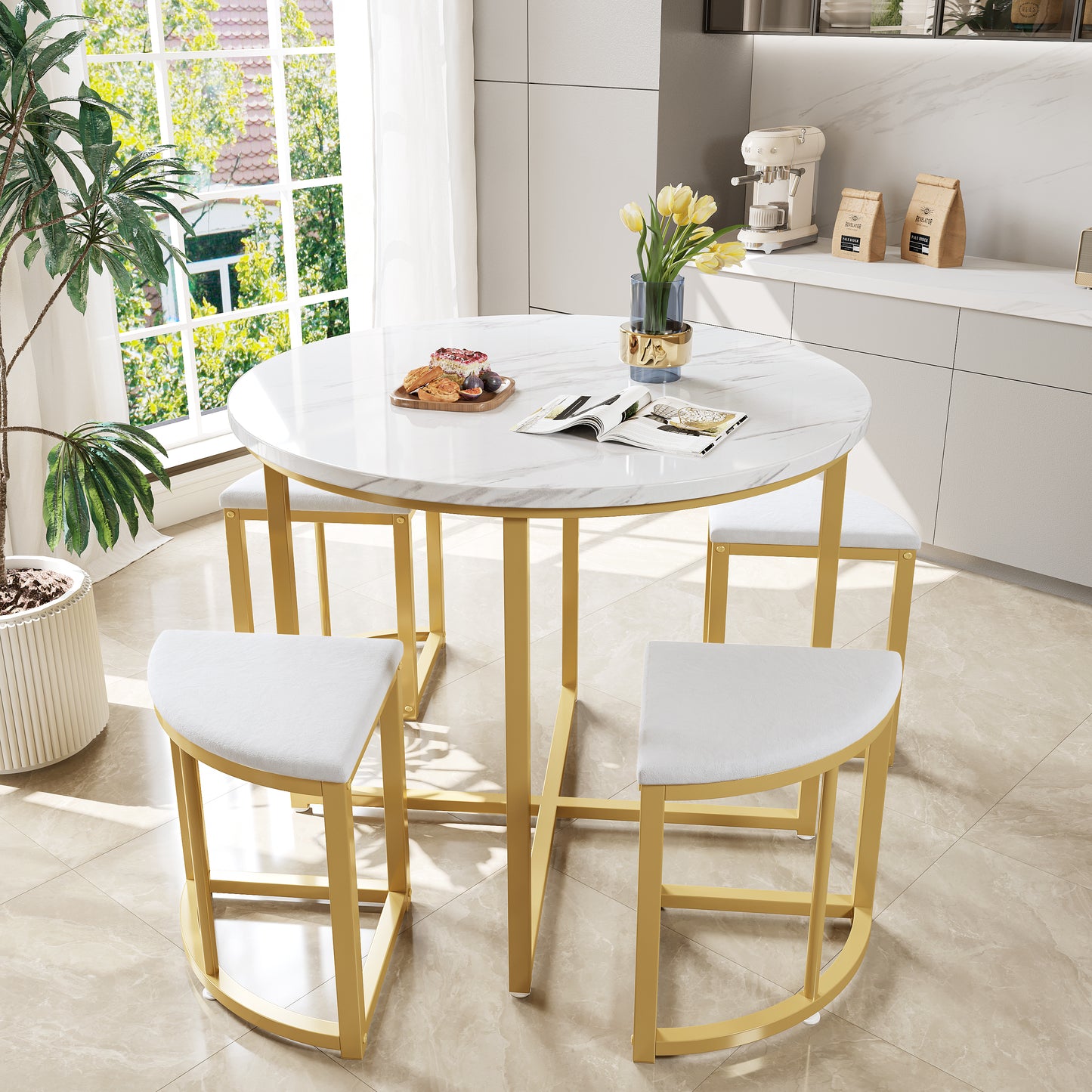 Gigab2b original image - Esszimmertisch-Set mit vier Stühlen,Essgruppe mit MDF-Tischplatte und vergoldeten Eisenrahmen,Samtstuhl,Moderne Luxustische und-stühle,Weiß