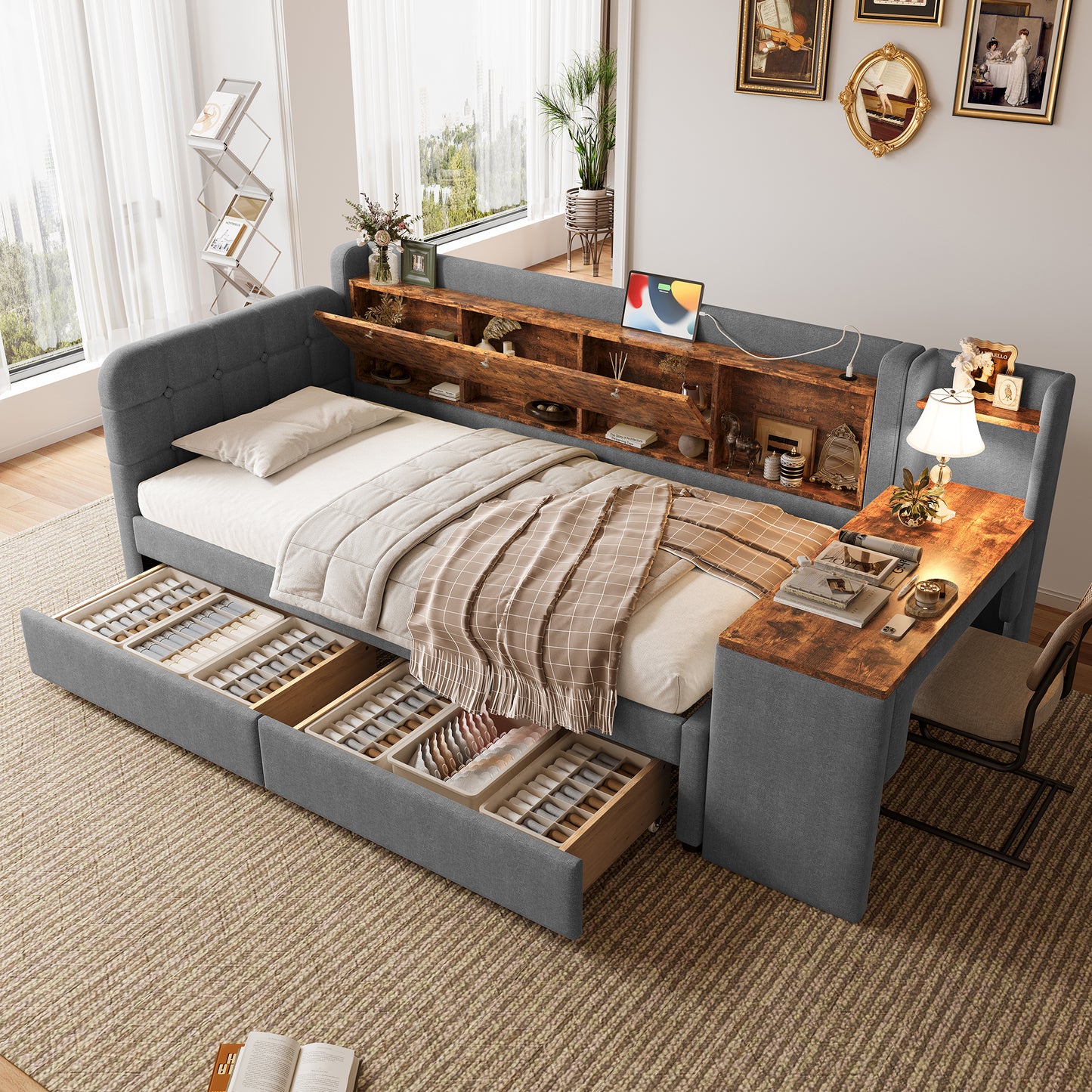 Daybett, 90*200cm, Tagesbett, Schlafsofa, mit 2 Schubladen, Schreibtisch, USB + Typ C, Flip Top Aufbewahrungsfach, Ablagefach, Bett mit Lattenrost (ohne Matratze), Leinen, grau