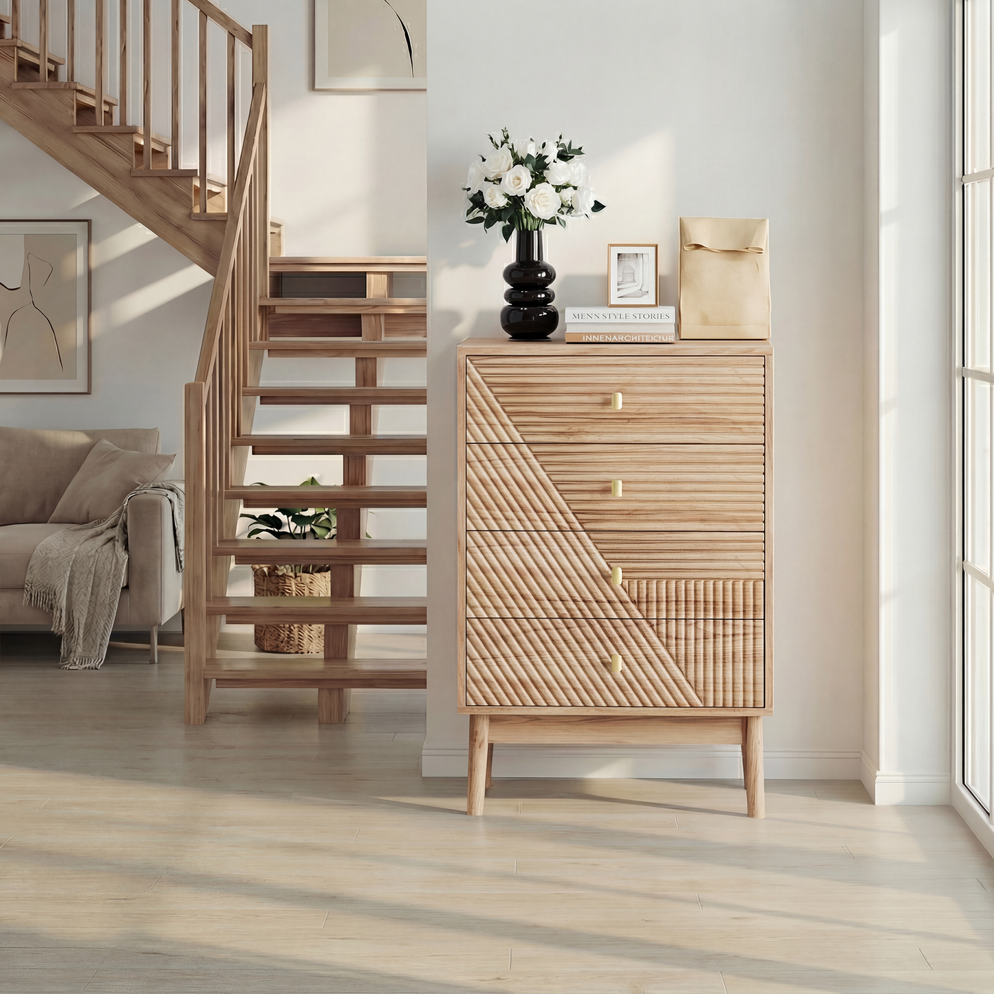 Gigab2b original image - Kommode mit vier Schubladen, moderner Kleiderschrank/Schubladenschrank, Aufbewahrungsschrank aus Holz, Schminktisch-Aufbewahrungsschrank, geeignet für Wohnzimmer, Schlafzimmer, Flur (Eichenfarbe)