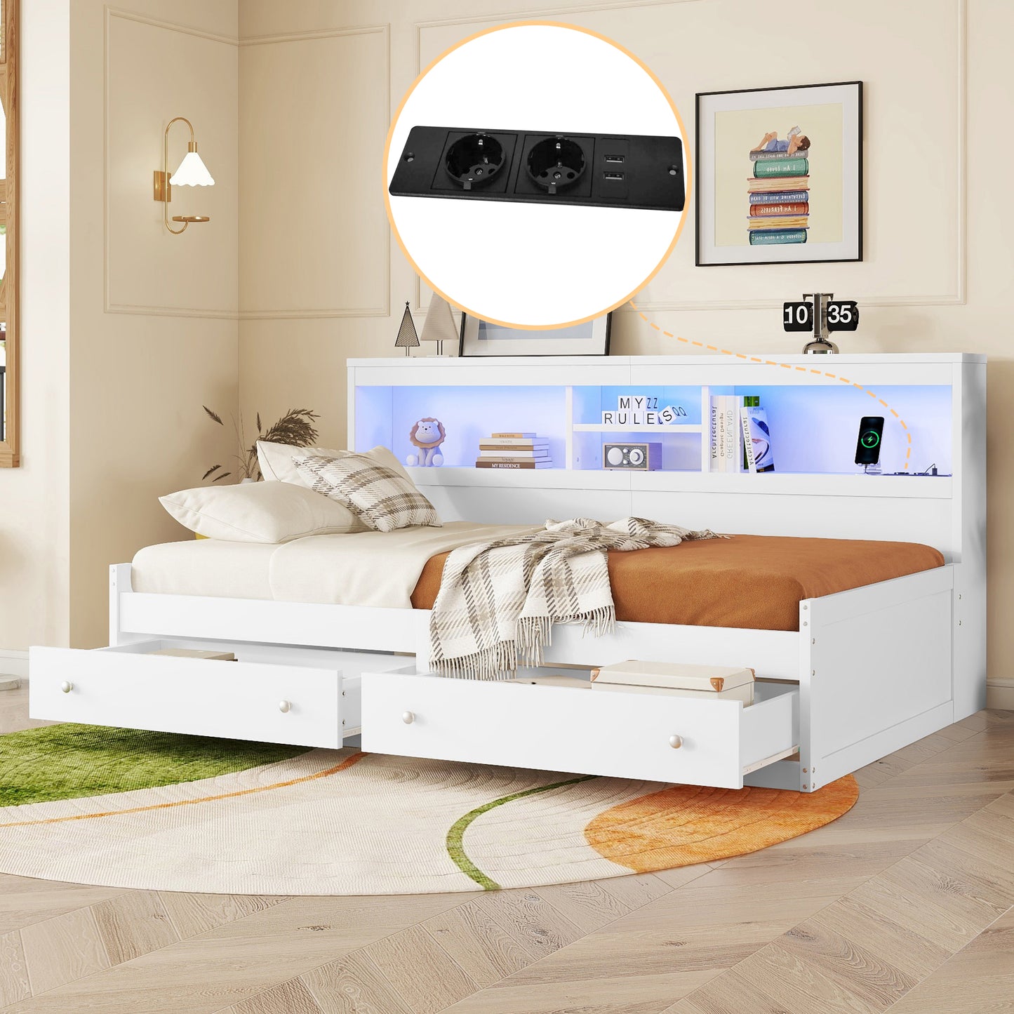 Daybett, 90*200cm Tagesbett, Schlafsofa, Nachtkästchen, Bett mit 2 USB- und 2 Ladebuchsen, Ambiente-Beleuchtung, Bett mit zwei Schubladen, Bett mit Lattenrost (ohne Matratze), Spanplatte, Weiß