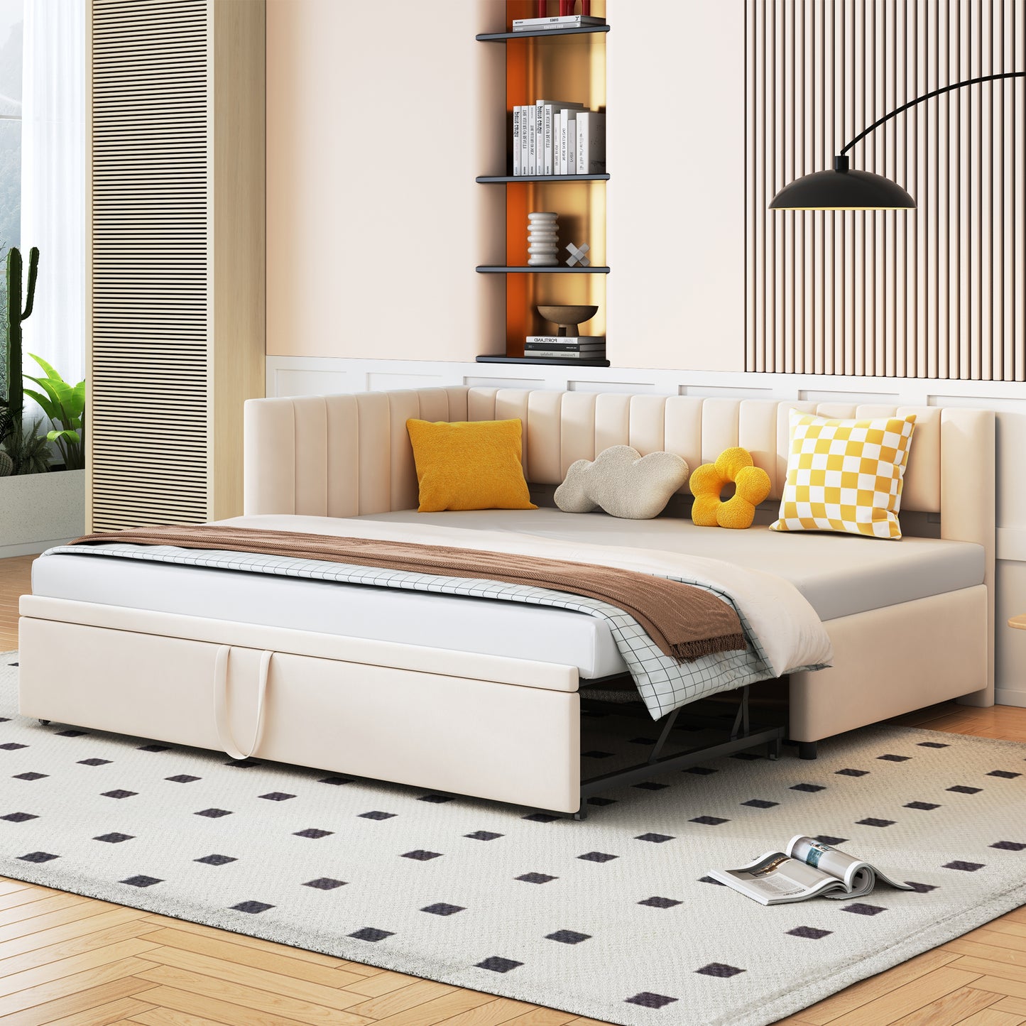 Gigab2b original image - Multifunktionales L-förmiges Schlafsofa mit Ausziehbett 90/180*200cm, Polsterbett in Samtstoff, platzsparendes Design für Kinderbett, Gästebett Beige
