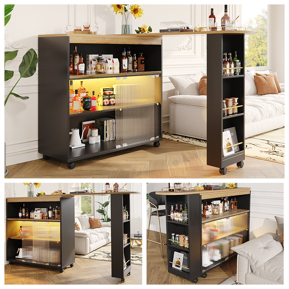 Ausziehbarer Bartisch mit Stauraum ,Moderner Beweglicher Bar Table, Teleskopischer Bartisch mit LED, Stehtisch Bistrotisch Hochtisch Kücheninsel Bistro Table,Großer Stauraum,Schwaz(138-204×39×105cm)