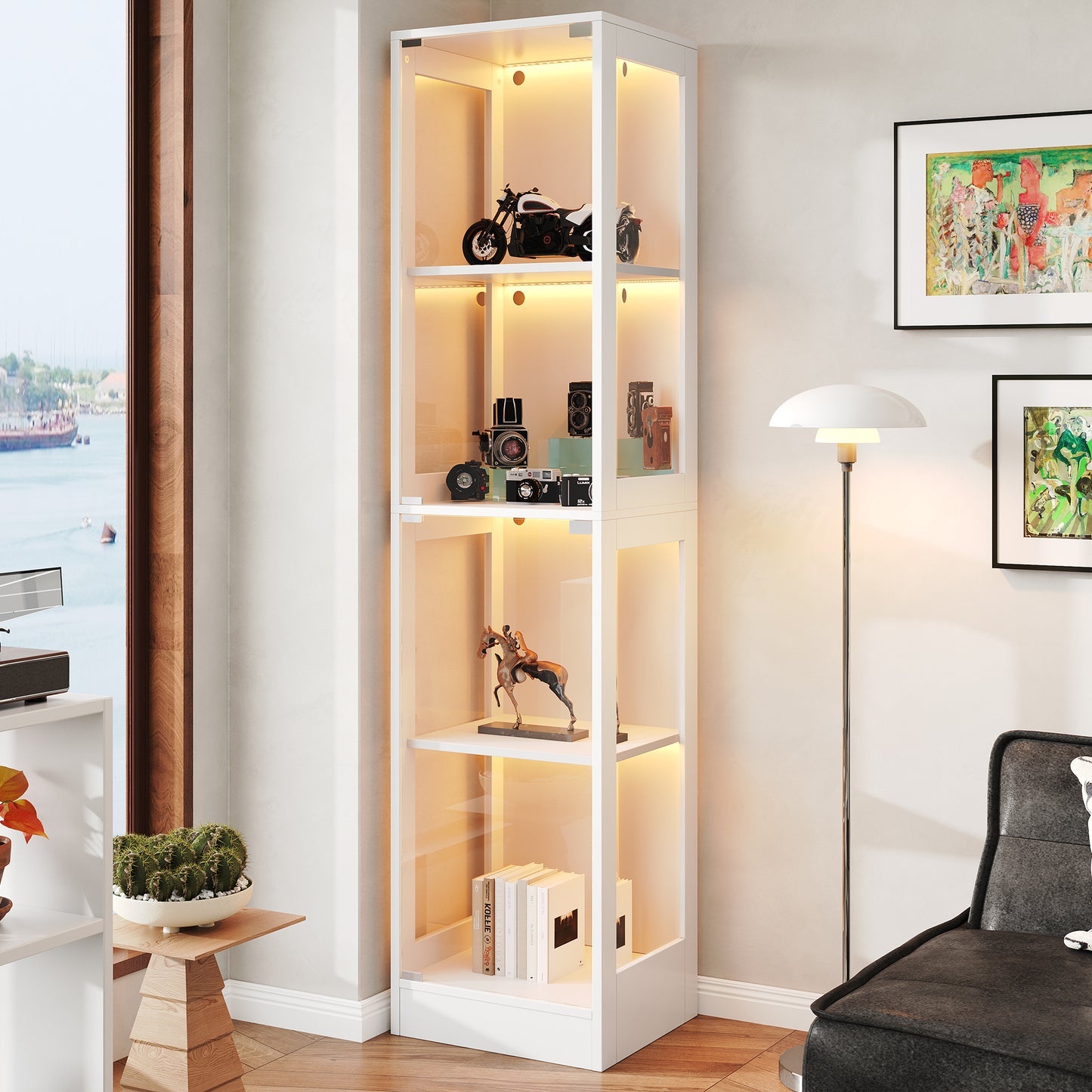 40 x 35 x 170 cm Einzeltür LED Vitrine, Gehärtetes Glas Sammlungsvitrine, App-gesteuertes LED-Licht, Vier Etagen Stauraum, Push-to-Open Tür, Minimalistisches Weiß