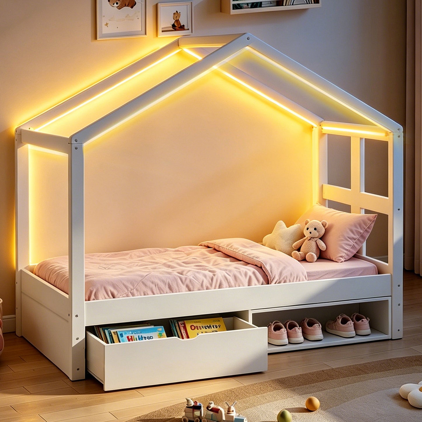 Gigab2b original image - Holzbett 90×190 cm, mit Schubladen und kleinem Schuhschrank, mit mehrfarbiger LED-Beleuchtung, Lattenrost, Einzelbett, Jugendbett, Weiß