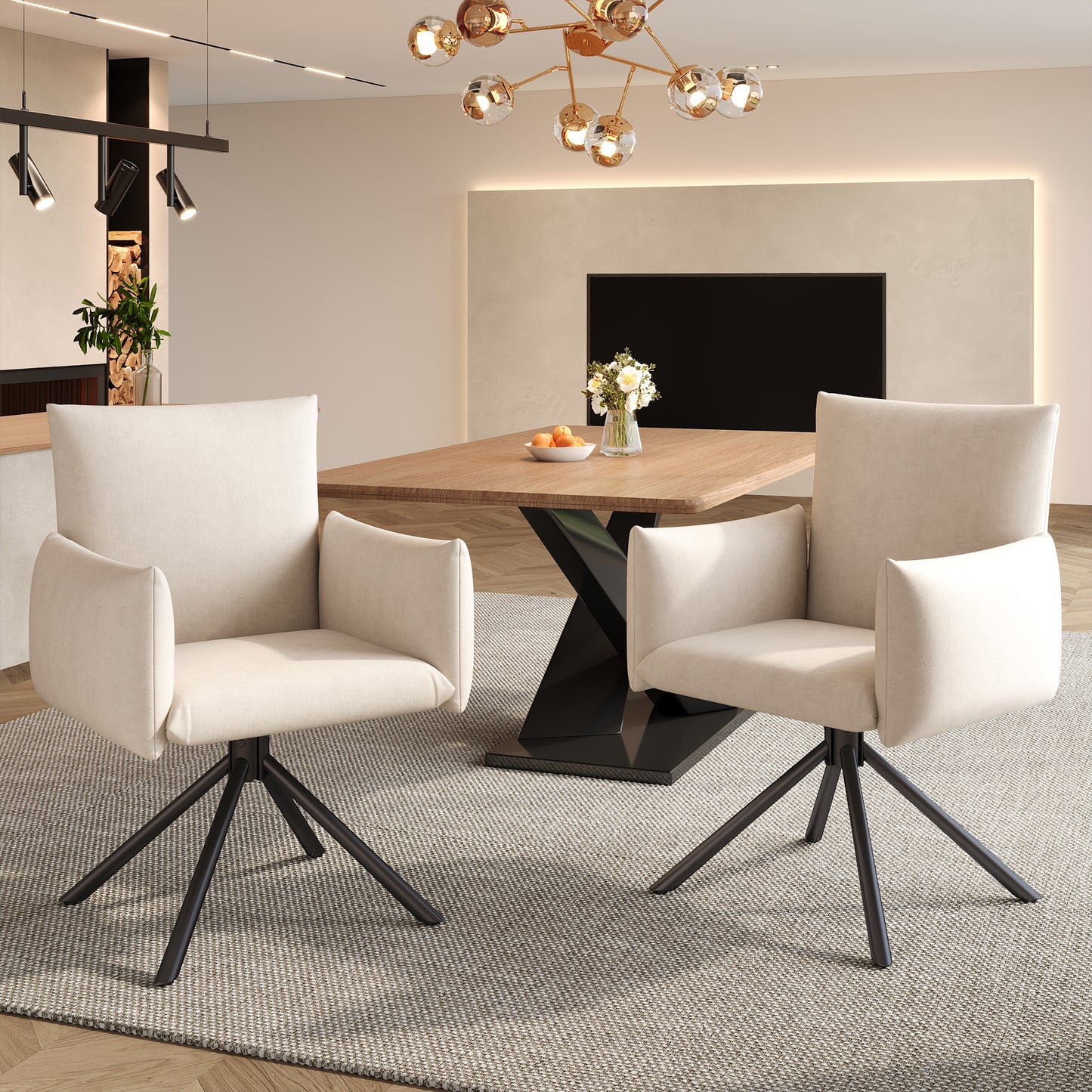Gigab2b original image - Zwei Esszimmerstühle Set, Gepolsterter Sessel mit 4 Metallbeinen, 360° Lässiger Drehstuhl, Wohnzimmer Schlafzimmerstuhl, Arbeits- und Schreibtischstuhl, Lordosenstütze, Samt, Beige