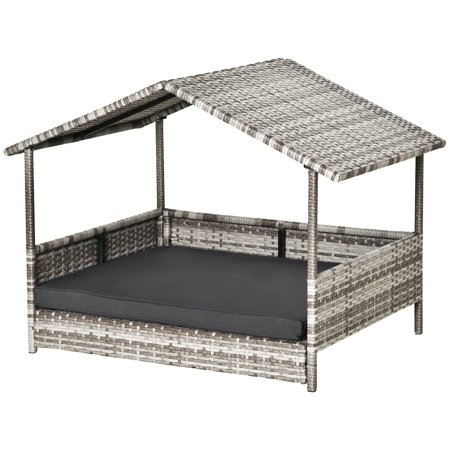 Gigab2b original image - Rattan Hundehaus mit Kissen, Hundebett im Hausform, Outdoor Hundehütte, Stahlrahmen, Kunststoff, Grau, 69 x 98 x 70 cm
