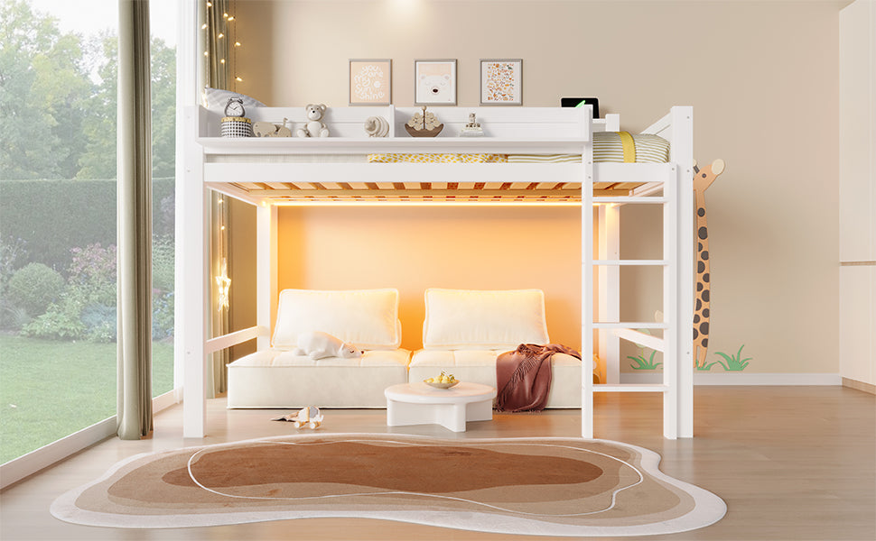 140x200 cm großes Hochbett aus Holz mit Ablagefächern, LED-Beleuchtung und USB-Anschluss, Weiß