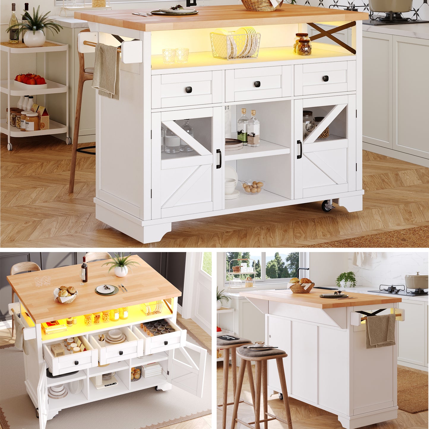 Gigab2b original image - Multifunktionaler Küchenwagen mit App LED und Klapptisch; Mobile Kücheninsel, Bar, Sideboard mit Stauraum; Servierwagen Rollbar mit drei Schubladen und zwei Schranktüren
