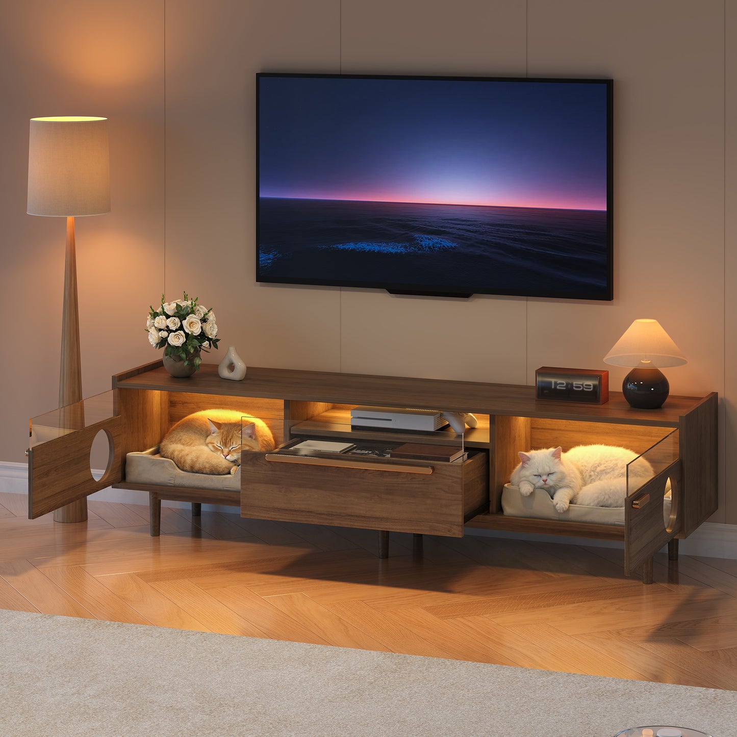 Gigab2b original image - Moderner Fernsehschrank mit LED-Beleuchtung – mit Katzenruheraum, Stützhebeln, stahlverstärkten Glastüren & 1 Schublade (ohne Katzenkissen), Nussbaumfarben, 180×40×50 cm