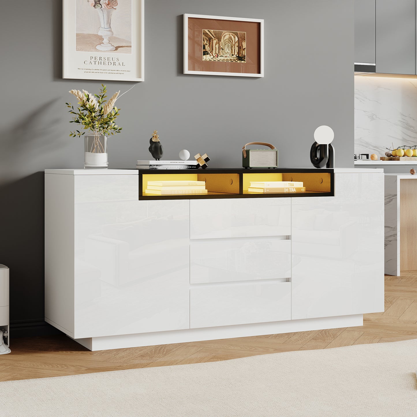 140*40*68cm Wohnzimmer Sideboard mit 2 L-förmigen Türen,Wohnzimmerschrank mit verstellbaren Trennwänden und LED-Leuchten,Hochglanzschrank mit 3 Schubladen,Kommode,Weiß+Schwarz