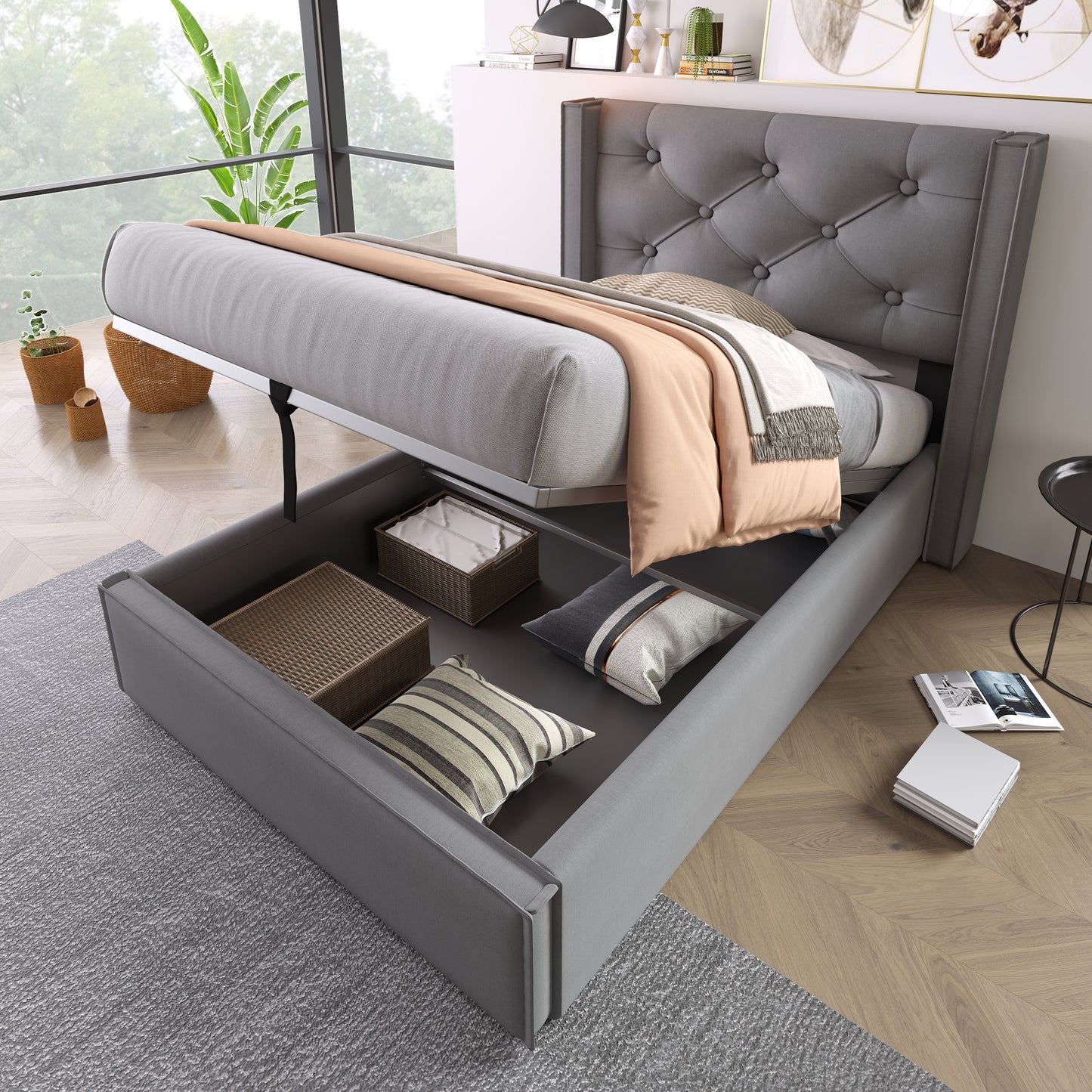 Gigab2b original image - Hydraulisch Einzelbett Polsterbett 90x200cm,Bett mit Lattenrost aus Metallrahmen, Modernes Bettgestell mit Stauraum, Baumwolle, Grau