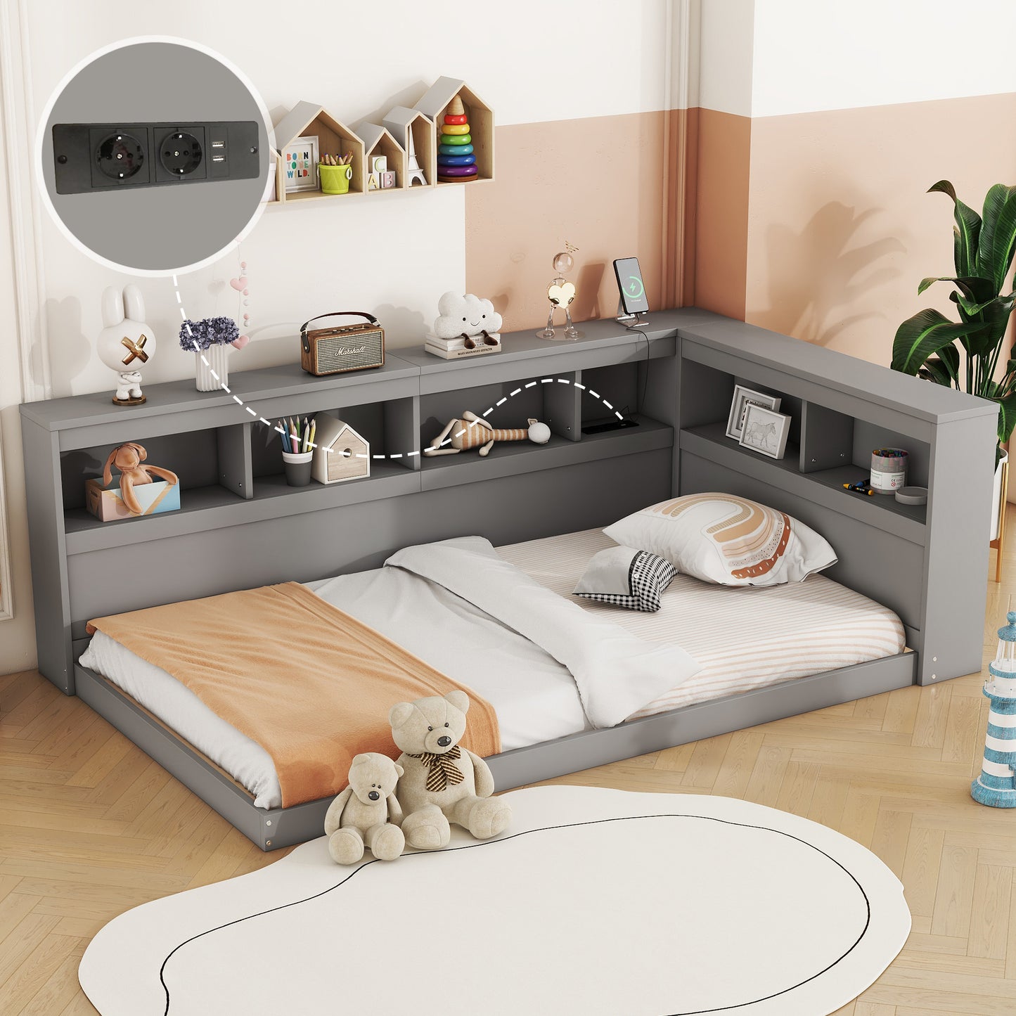 Daybett, 90 x 200 cm, Schlafsofa, Tagesbett, Mit Steckdose und 2 USB-Anschlüssen, Bett mit Lattenrost (ohne Matratze), Spanplatte, Grau