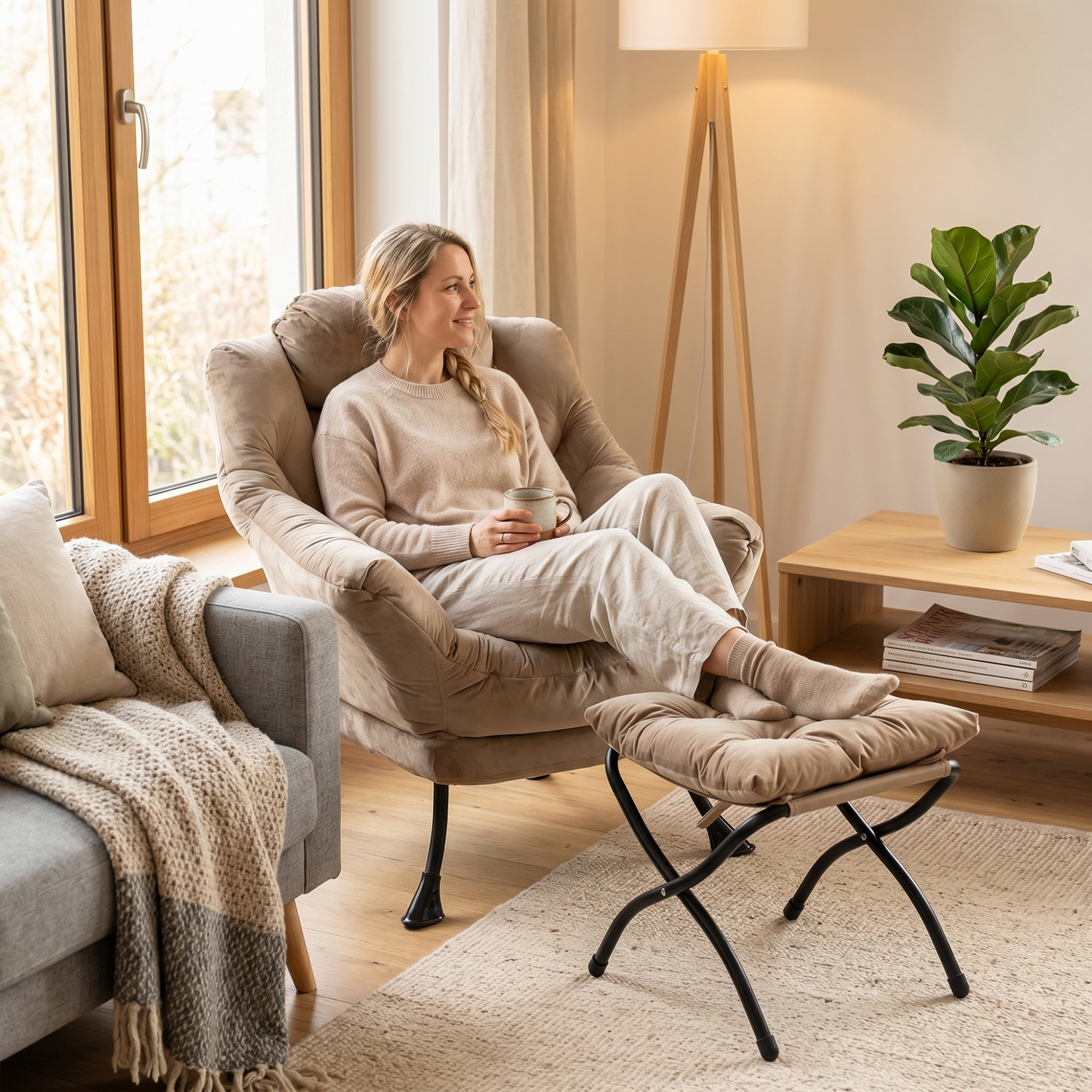 Gigab2b original image - Sessel mit Hocker, Relaxsessel mit Armlehnen, Seitentasche & Fußstütze, Loungesessel, Fernsehsessel, Ohrensessel für Wohnzimmer, Schlafzimmer, Büro khaki