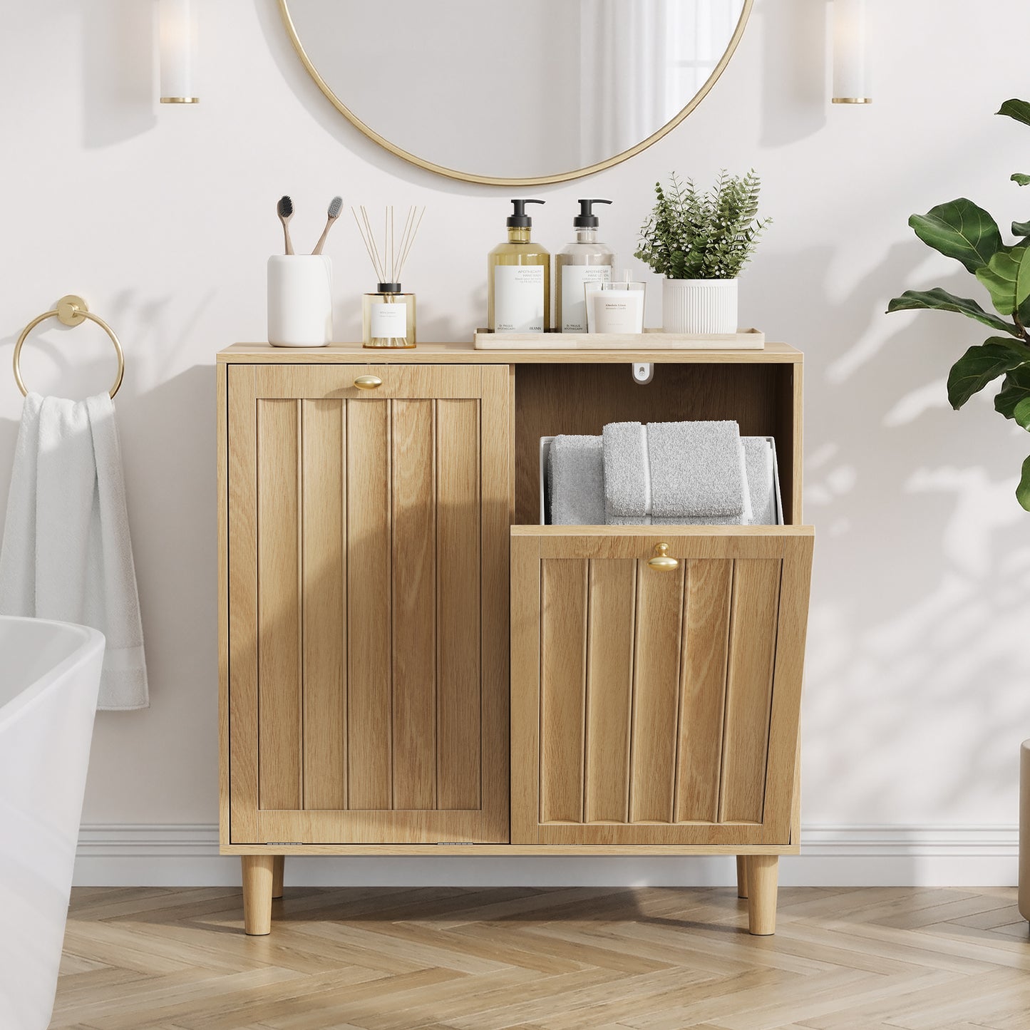 Gigab2b original image - Schräger Wäschekorb mit herausnehmbarem Innenkorb, Badezimmer-Wäscheschrank, verdeckter Wäschekorb, freistehendes Haushaltsregal, Eichenholzfarben