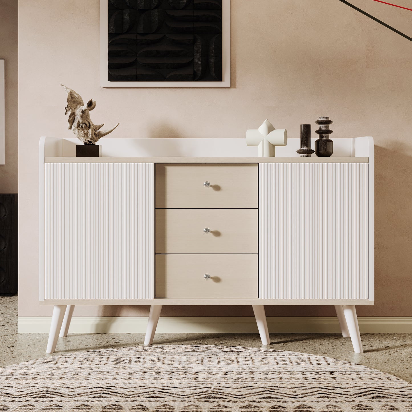 Gigab2b original image - Sideboard mit drei Schubladen, exquisite Maserung. Sideboard für Schlafzimmer und Wohnzimmer, Moderne Holzfarbe-Sideboard mit Stauraumregalen. L117,5 cm