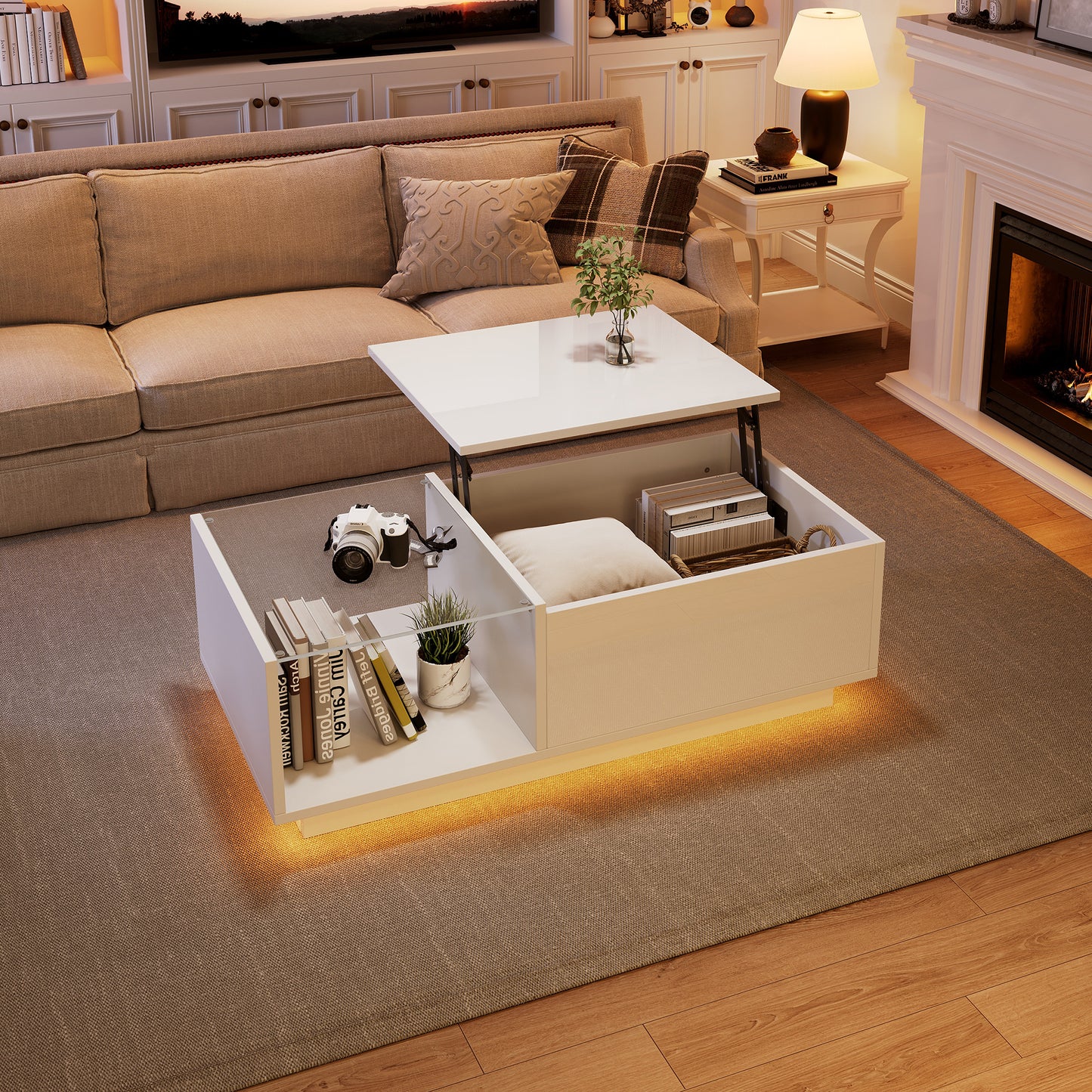 Gigab2b original image - LED Couchtisch,Hochglanz Couchtisch, Wohnzimmertischmit , Höhenverstellbarer Kaffeetisch mit Verstecktem Stauraum und Ablage, 50 x 100 x (33-46.5) cm