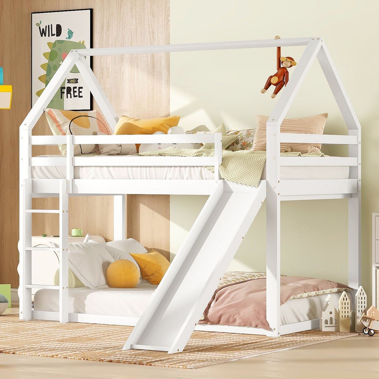 (=WX000117AAK-1) Einzelbett Kinderbett Hausbett Etagenbett mit Rutsche und Leiter, Weiß, 90x200cm