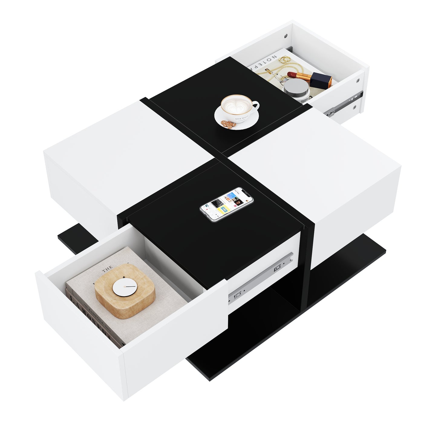 Gigab2b original image - Moderner Couchtisch Schwarz Weiß 70×70×35,5 cm mit 2 Schubladen, Quadratischer Wohnzimmertisch mit Stauraum, Hochglanz Kaffeetisch mit Sanftem Schubladenschienen