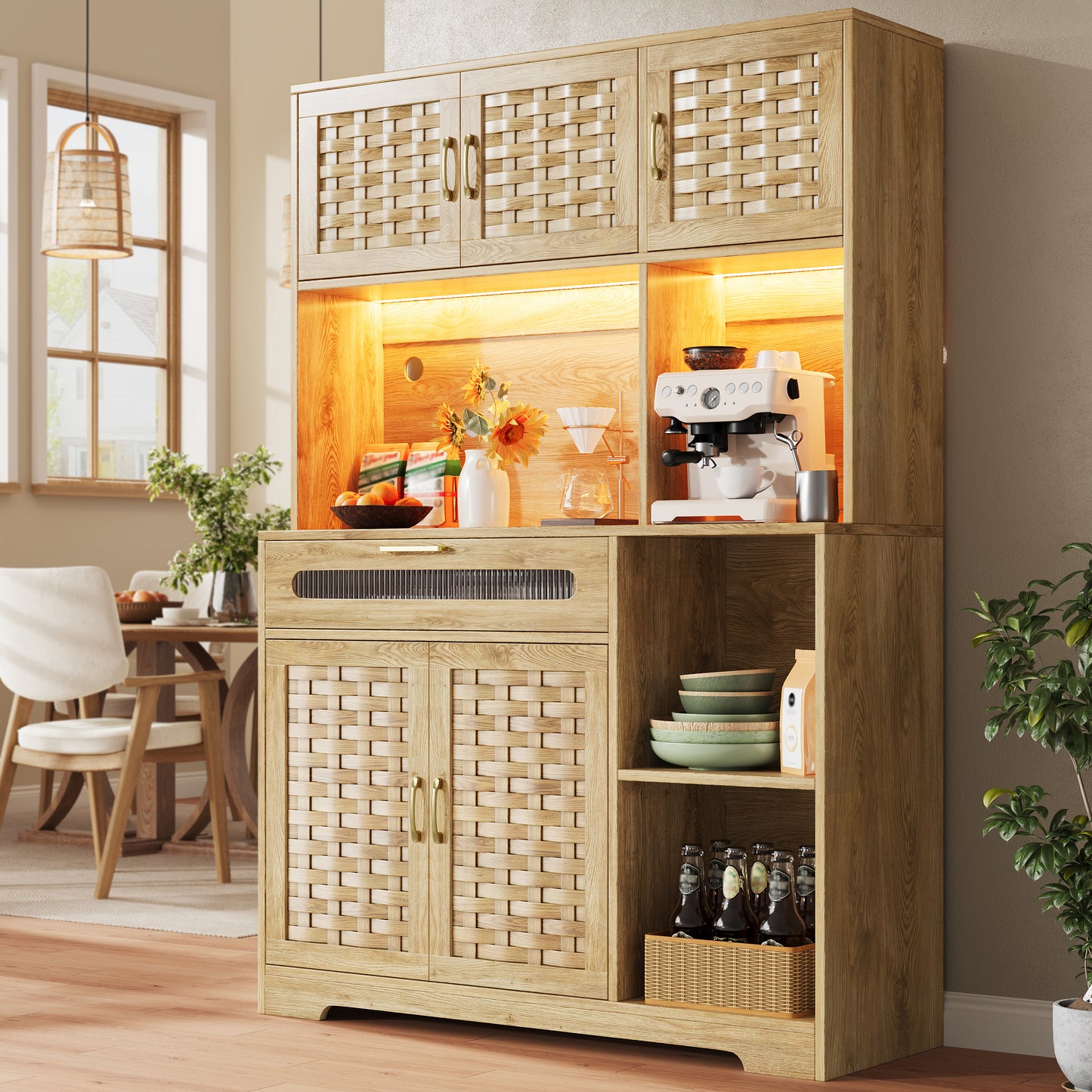 Gigab2b original image - Hochschränke fürs Wohnzimmer(120×40×180cm), Küchenschrank,Esszimmerschrank mit Schubladen, MDF-gewebte Schranktüren, Schränke mit LED-Beleuchtung, Standvitrine für Küche Wohnzimmer Esszimmer Bar