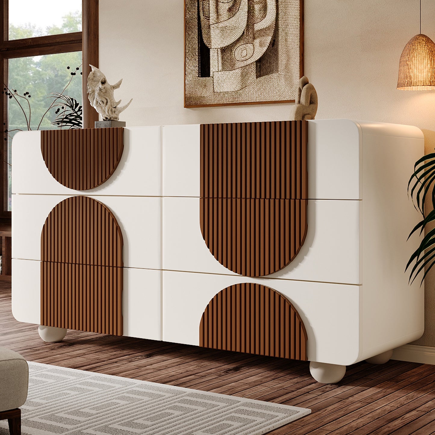 Gigab2b original image - Kommode mit 6 Schubladen & geschwungenem Design, Elegantes Sideboard in Weiß mit schokoladenfarbenen Holzleisten, Leise Schiebe-Schubladen & Kippsicherung, 121x71x41 cm (B/H/T)