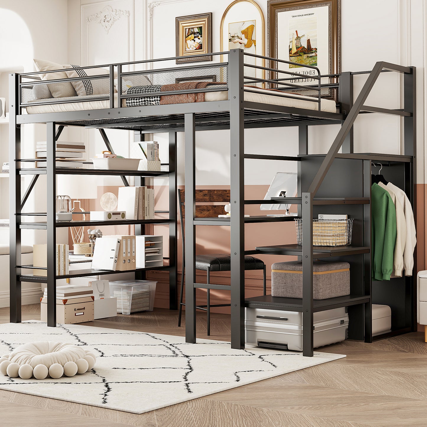 Gigab2b original image - Hochbett 140*200cm, dreilagiges Ablageregal, Schreibtisch, Kleiderschrank, Sicherheitsstufen mit Ablagefach, hohes Zaundesign, Eisenbett, Einzelbett, Schwarz