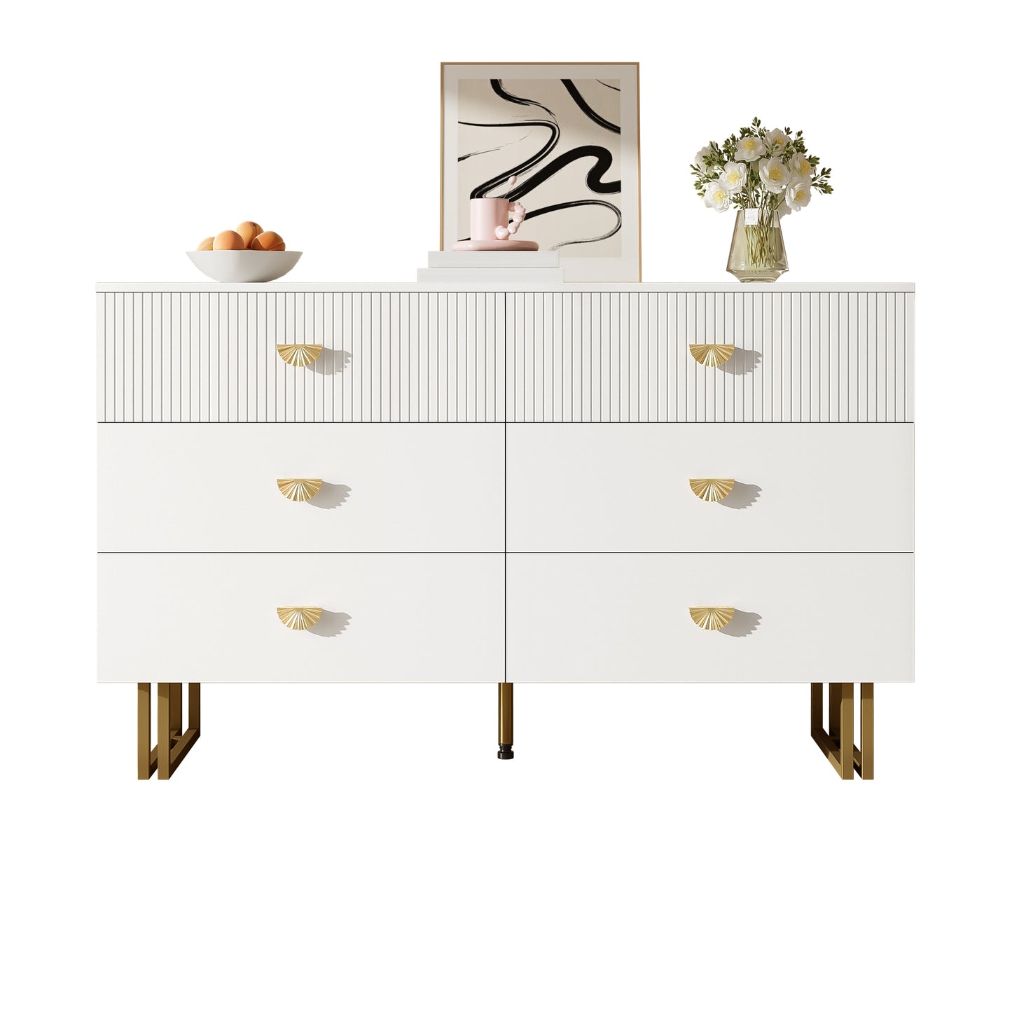Gigab2b original image - Modernes Sideboard mit 6 Schubladen in Weiß und Gold-Akzenten – Elegantes Design aus MDF und Stahl, Ideal für Schlafzimmer, Wohnzimmer und Eingangsbereiche, 120x40x75 cm