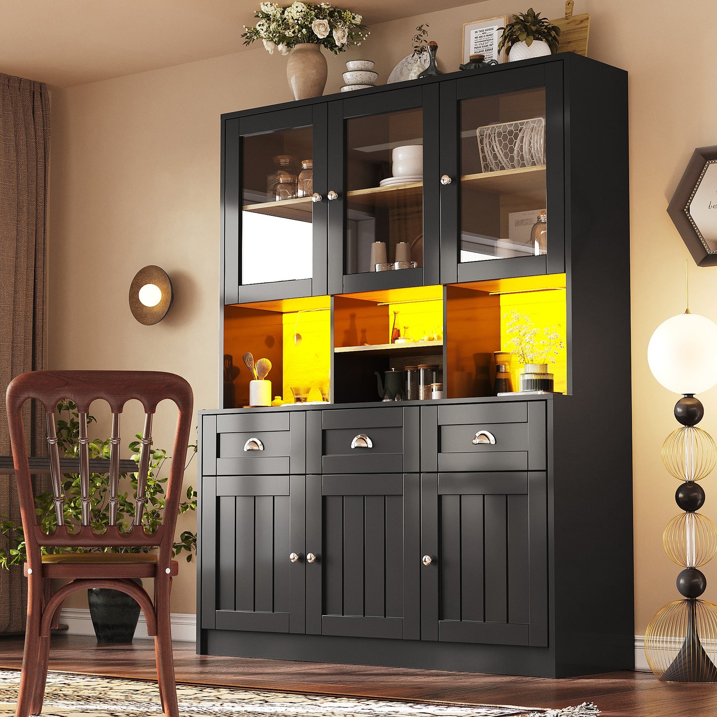 Gigab2b original image - Küchenschrank(140×40×175cm), Hochschrank Küchenbuffet, Vitrinenschrank, Buffetschrank mit Verstellbaren Ablagen, Sideboard mit LED-Beleuchtung,Variable Lichtfarben, Weiß/Schwarz