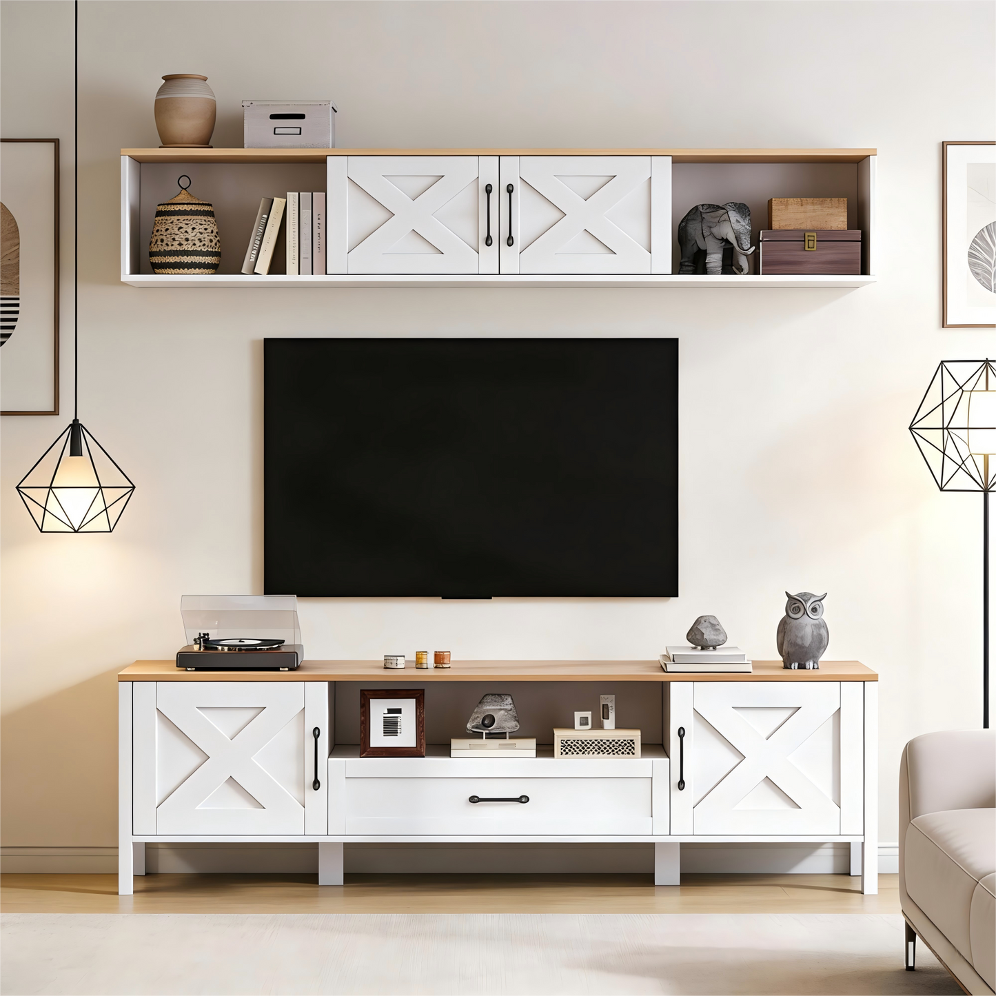 180*40*50cm TV Wohnwand-set (Komplett-Set, 2-St), TV-Ständer + Hängende Vitrine, Mediawand set, TV Wohnzimmermöbel-Set mit 4 Schränke und 1 Schublade, TV-Schrank set, TV bis 80', Weiß