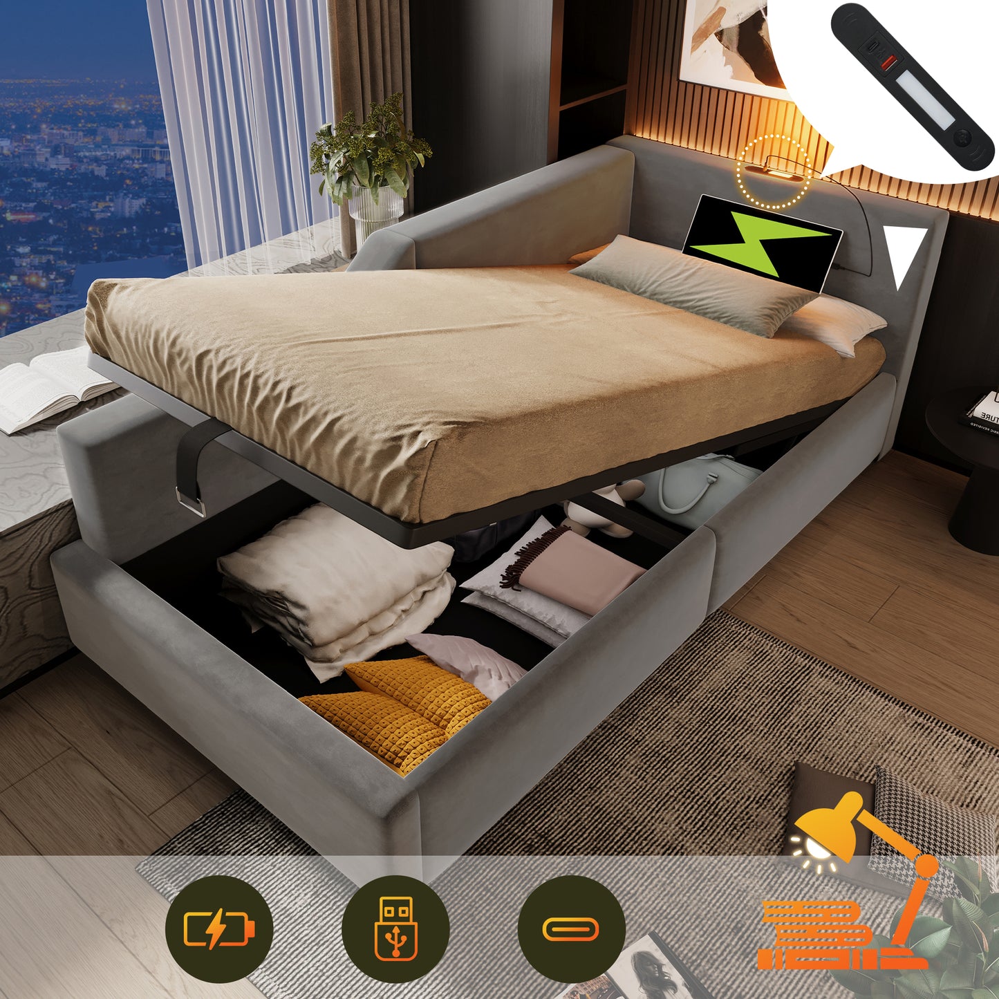 Gigab2b original image - Polsterbett Tagesbett Daybett 90x200cm, Schlafsofa mit hydraulischem Stauraum, Leselichtfunktion und USB-C-Ladefunktion, Kinderbett Jugendbett Bettgestell mit Lattenrost aus Holz, Samt, Grau