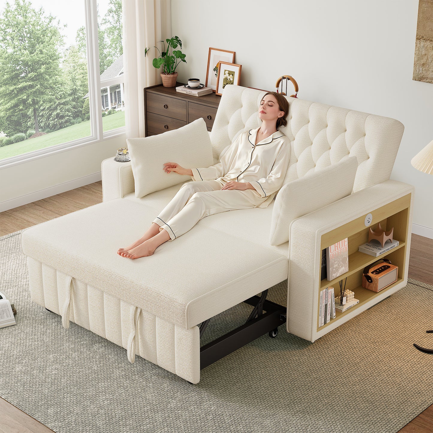 Gigab2b original image - Multifunktionales Schlafsofa, modernes Klappsofa mit Stauraum und Schlaffunktion, Getränkehalter, USB-Ladeanschluss und Kissen, platzsparende Couch für Wohnzimmer, Schlafzimmer und Gästezimmer, Beige