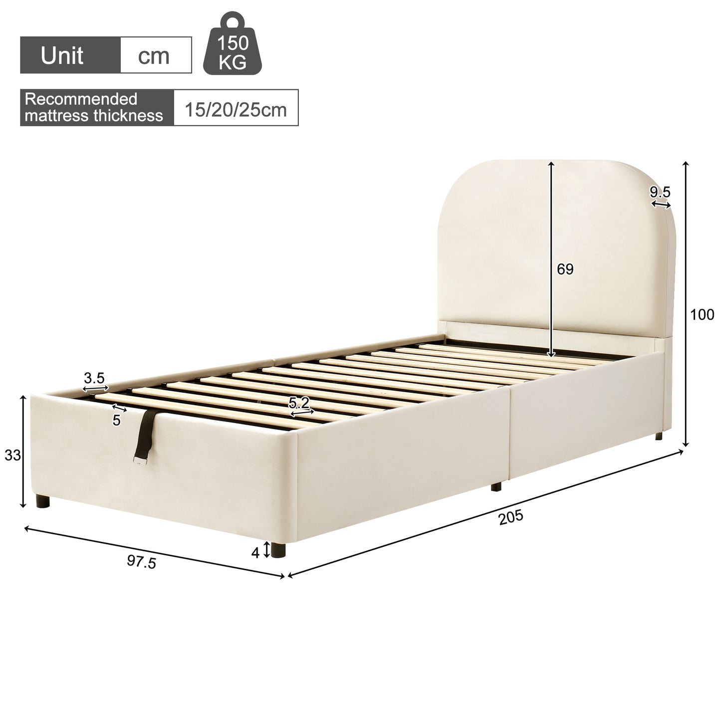 Polsterbett,Einzelbett, Kinderbett 90 x 190cm, hydraulisches Funktionsbett, Bett mit Lattenrost, Kopfteil und großem Stauraum, gepolstertes Kopfteil, Samt, beige