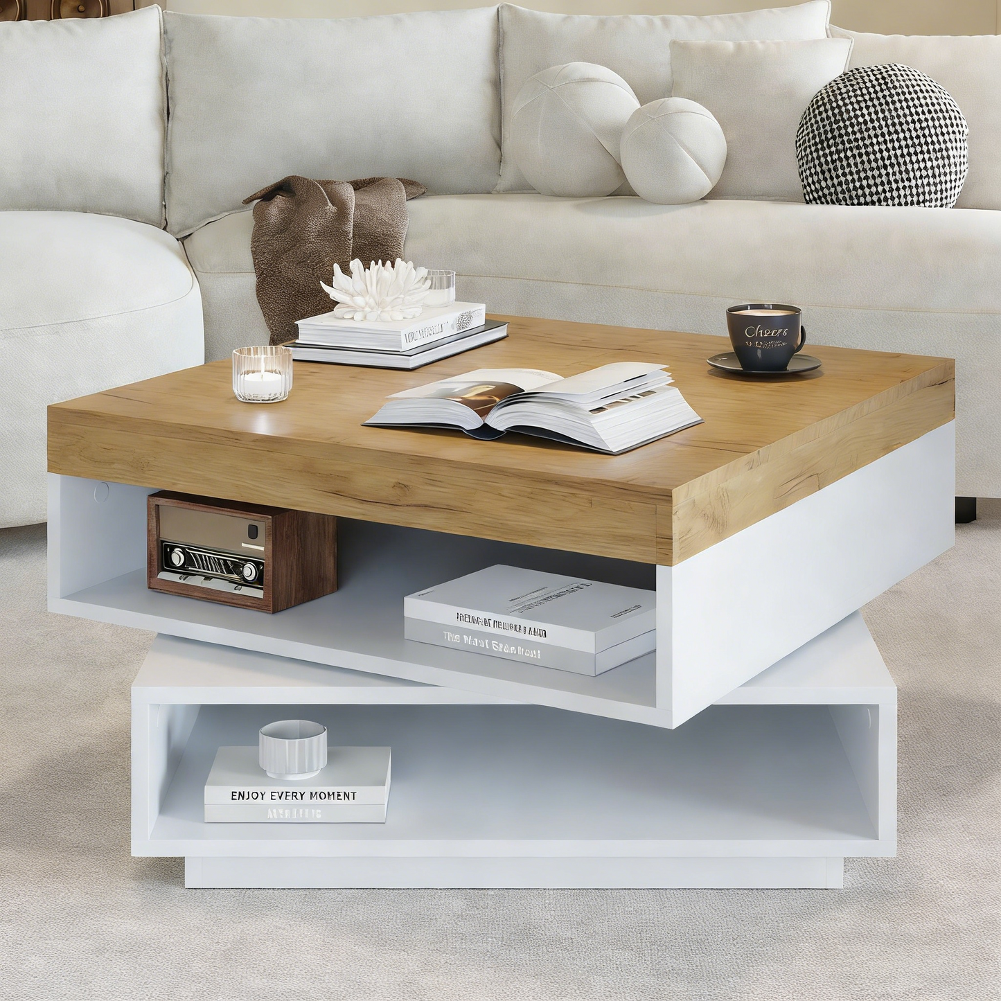 65*65*40cm Couchtisch, quadratische 360° schwenkbare, Kaffeetish mit LED-Leuchten und Freilagerbereich, Wohnzimmertisch, Sofatisch,Beistelltisch,geeignet für kleine Räum, Weiß + Holzton