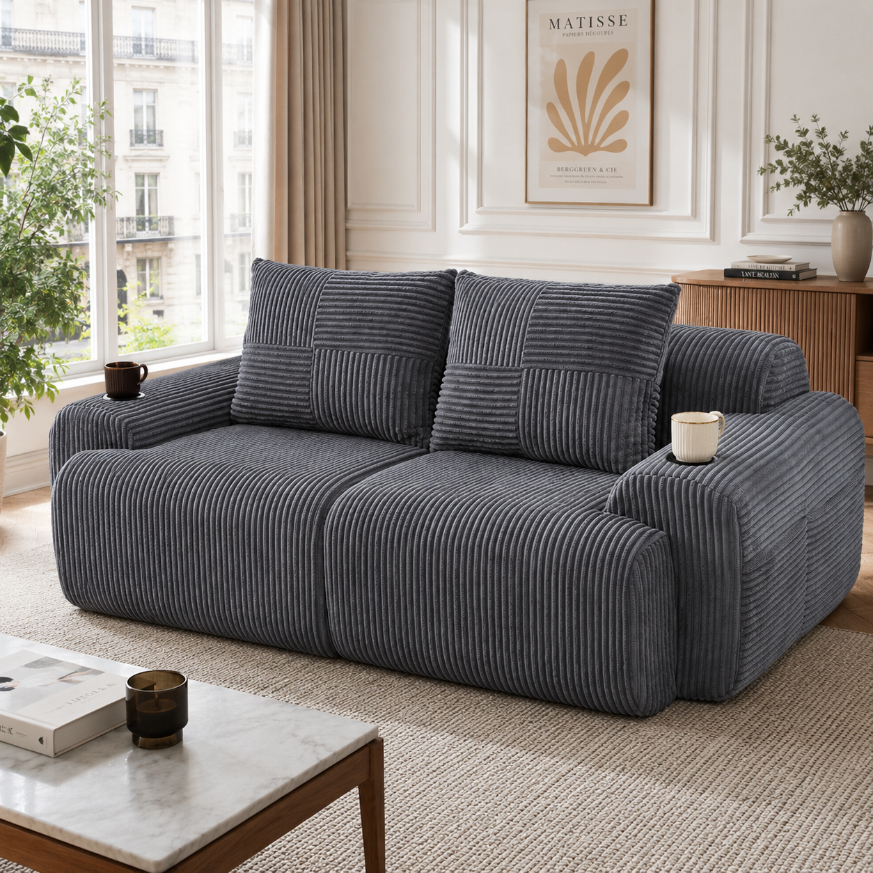 Gigab2b original image - Modulares Cordsofa für 2 Personen, frei kombinierbar, vakuumverpackt inklusive Getränkehalter und seitlicher Aufbewahrungstasche. Ideal für Wohnzimmer, Familienzimmer und weitere Räume.Dunkelgrau