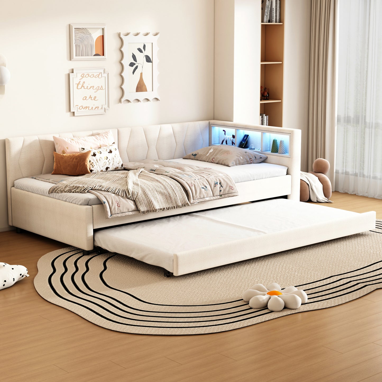 Daybett,90x200cm, Tagesbett, Schlafsofa, Ablagefach am Bett, USB+Typ C, Mit LED-Lichtleiste, Bett mit ausziehbarem Bett, Bett mit Lattenrost (ohne Matratze), Leinen, Beige