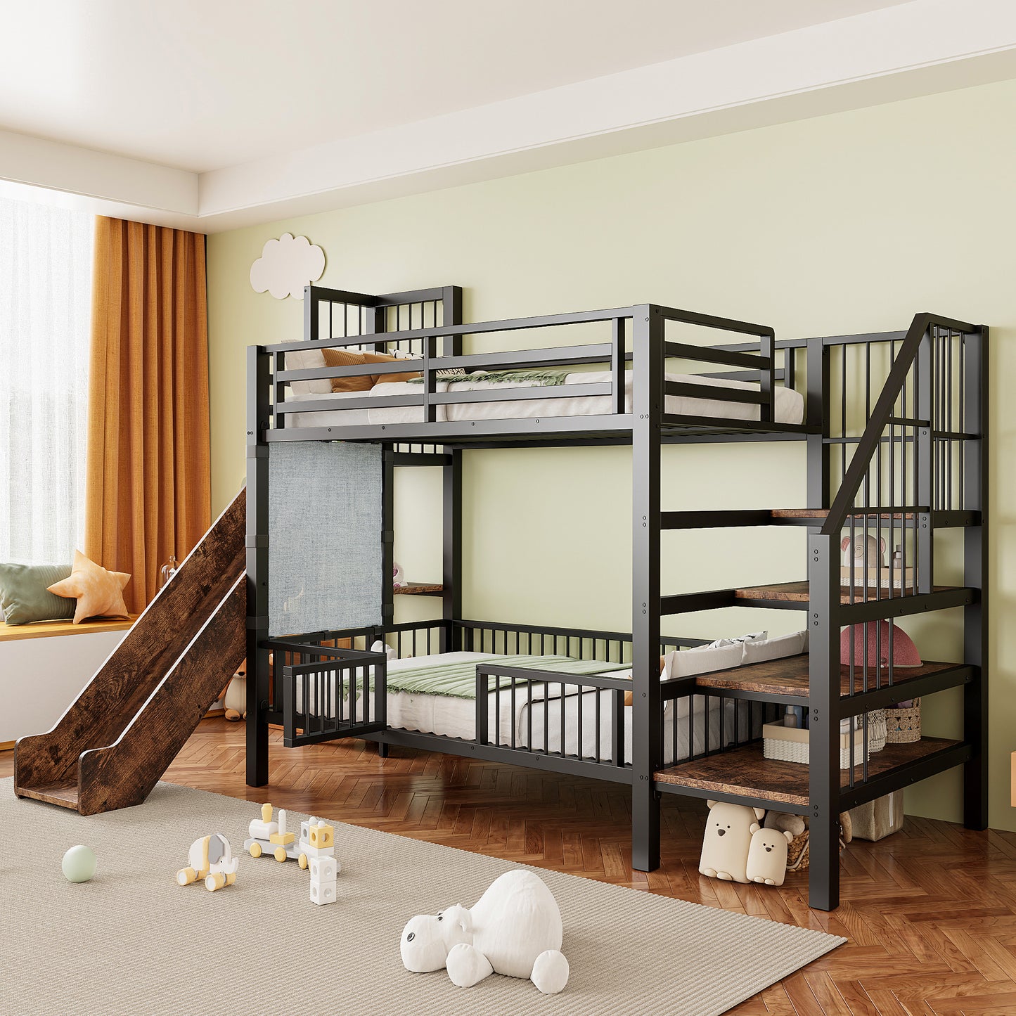 Gigab2b original image - Metall-Hochbett für Kinder mit Rutsche und Stauraumtreppe 90*200CM , Etagenbettgestell mit Schutzgittertür, integrierten Regalen, platzsparendes Kinderbett für Jungen- und Mädchenzimmer Schwarz