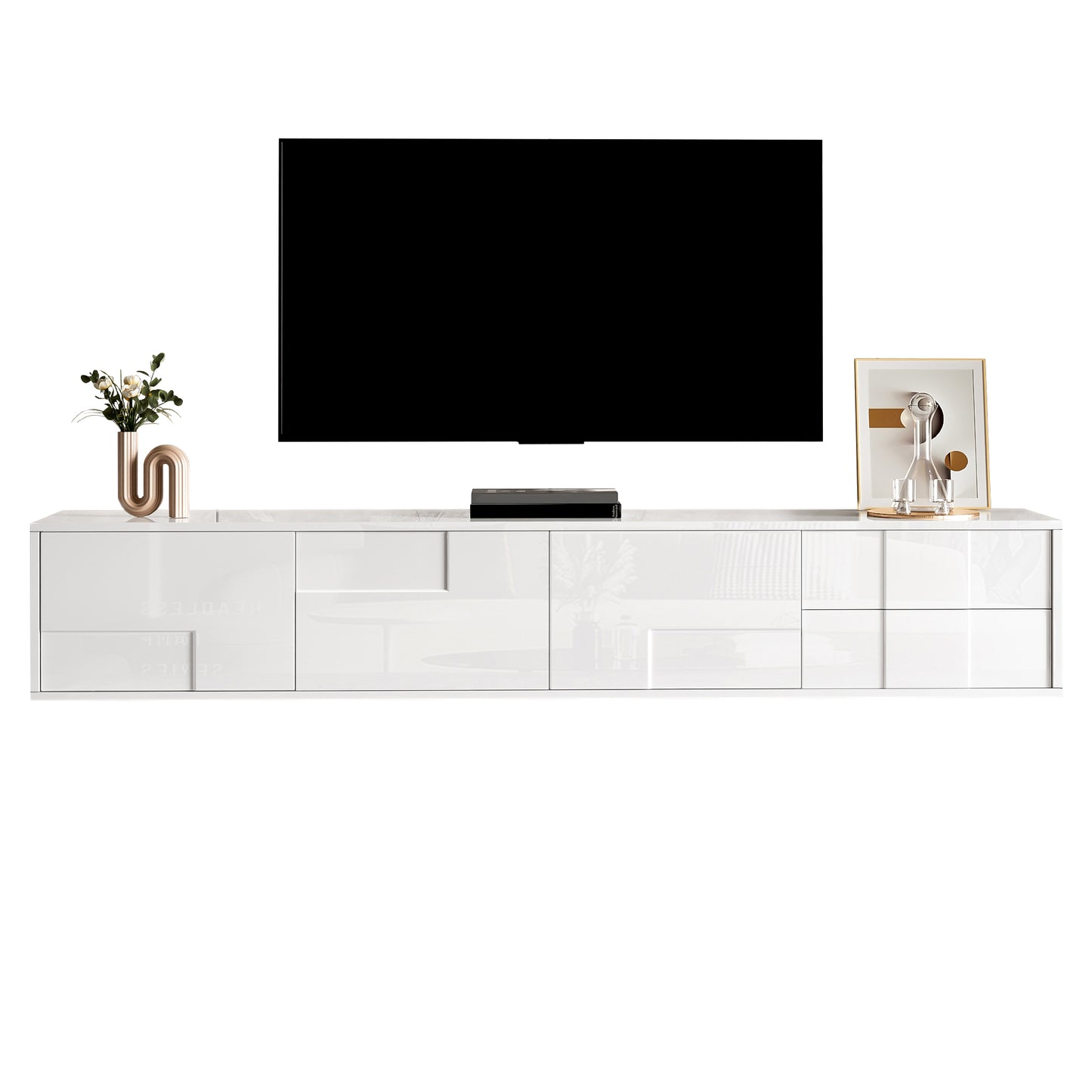Gigab2b original image - Modernes TV-Lowboard Weiß 170 cm, schwebend oder stehend, vollständige Hochglanz-Oberfläche, grifflos mit 3 Türen & 2 Schubladen, viel Stauraum für Wohnzimmer
