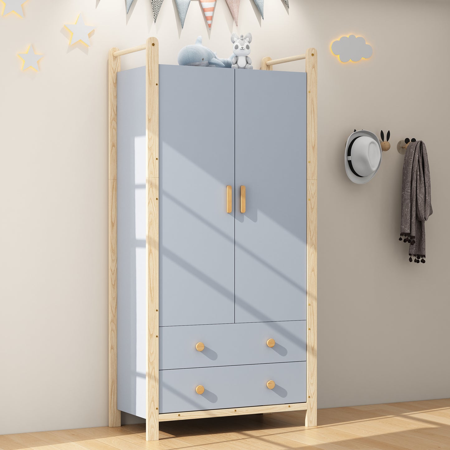 2-türiger Kleiderschrank, Kleiderschrank mit Kleiderstange, 2 Schubladen, für Schlafzimmer, Wohnzimmer, Flurgarderobe geeignet, aus Spanplatte, blauer Körper + Kieferrahmen, 90×45×180cm