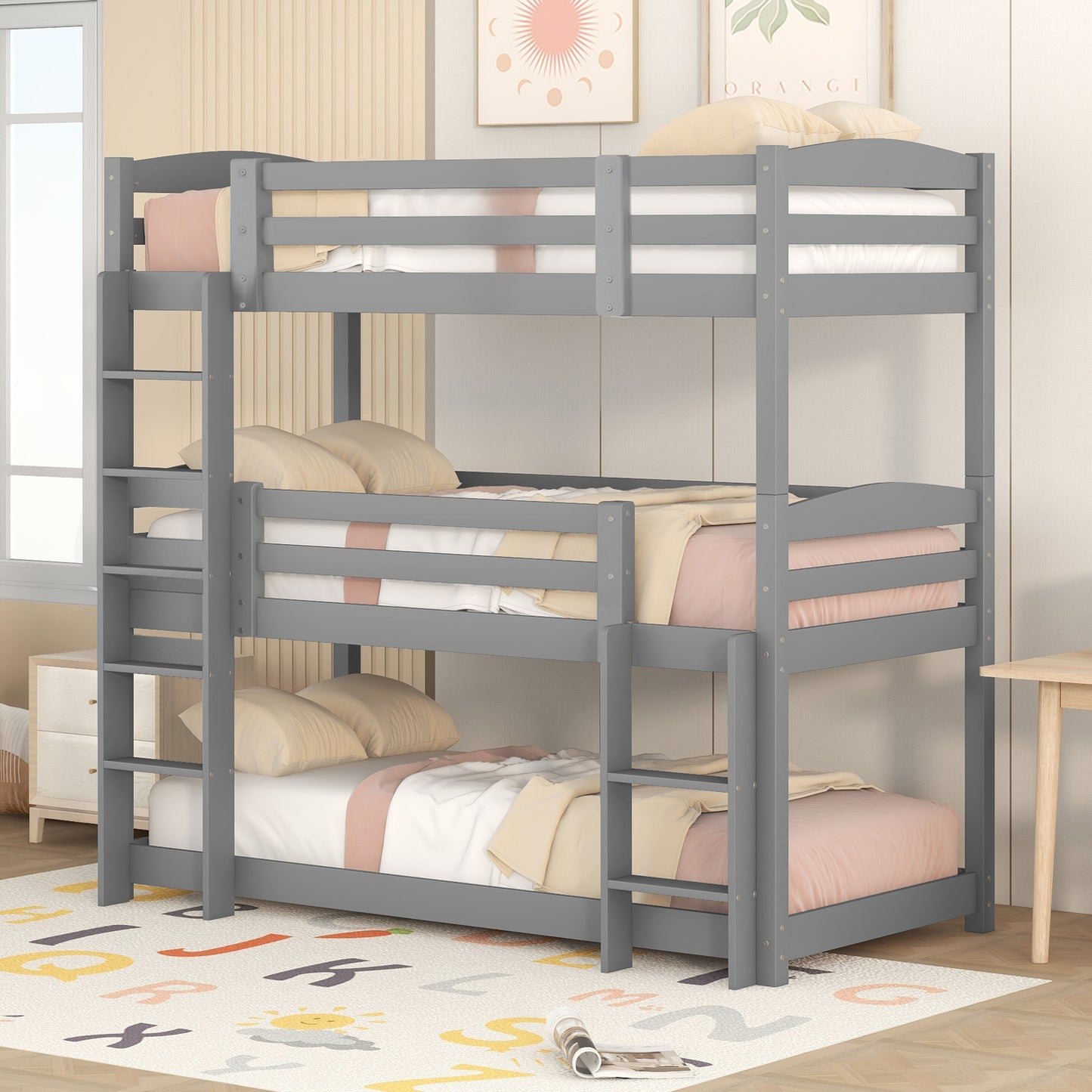 =(WX000112AAE-3) Etagenbett, 90*200cm, Single-Size-Holz-Dreier-Etagenbett für Kinder, Ohne Matratze, Grau (90*200cm)