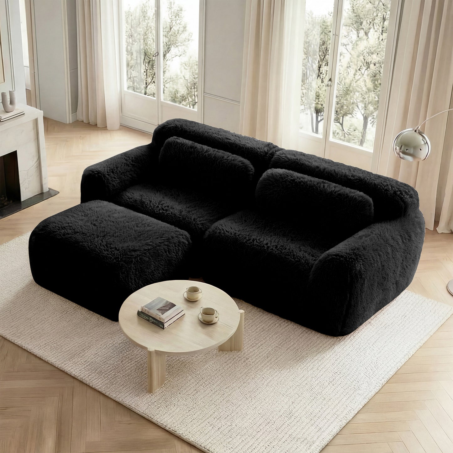 Gigab2b original image - L-förmiges 2-Sitzer Sofa, weicher Plüschstoff, modular, frei kombinierbar, mit Kissen. Weich, hochelastischer Schaumstoff, keine Montage erforderlich, geeignet für kleine Wohnzimmer und Räume,Schwarz