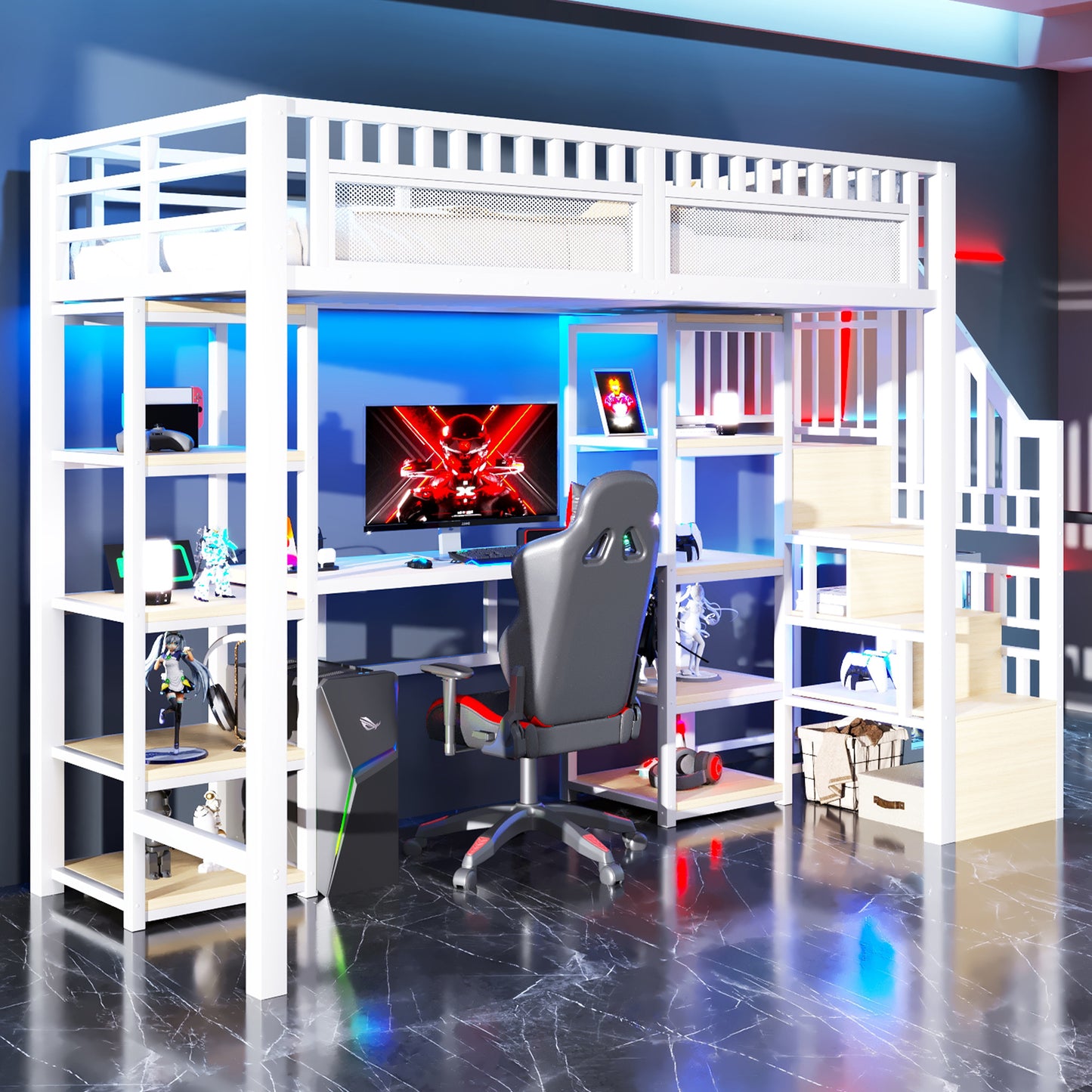 Gigab2b original image - Hochbett, 90 x 200 cm, Eisenrahmen, Ablagefach, Leiter mit Stauraum, Schreibtisch, LED-Lichtleiste, USB-Anschluss inklusive, ohne Matratze, Weiß