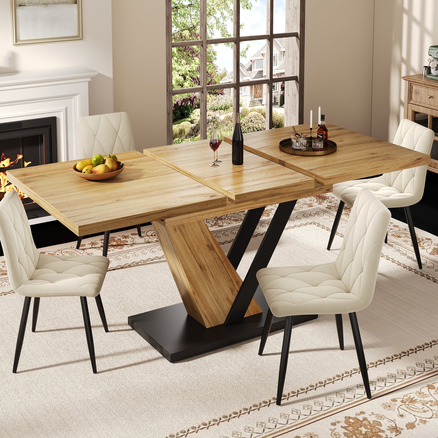 Ausziehbarer Esstisch 120(160) x 75 x 75,5 cm, Tisch, Küchentisch, ausziehbarer Tisch, ausziehbar bis 160 cm, geeignet für Küche und Wohnzimmer, Tischplatte mit Holzmaserung