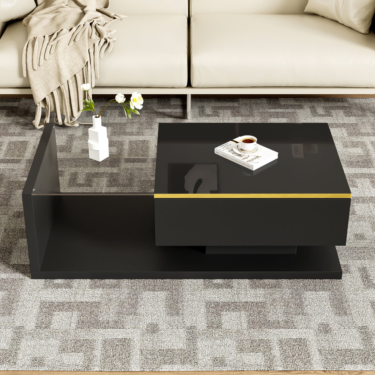 100 cm langer Couchtisch, Hochglanz-Schwarz. Beistelltische, Couchtische mit Glas und LED-Effekt