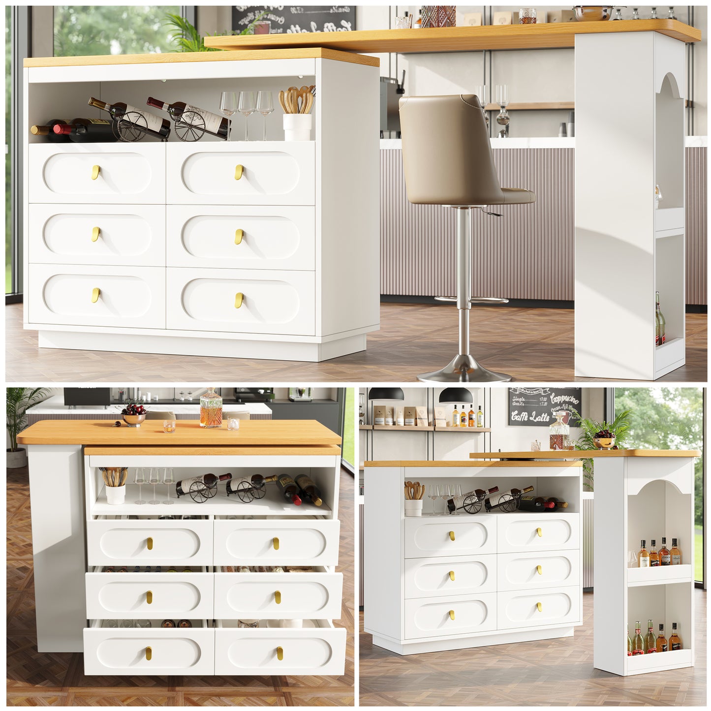 Gigab2b original image - Hochwertiger Ausziehbarer Bartisch mit 360° Drehfunktion und Stauraum, Längenverstellbar von 138-203cm, Moderner Rollbarer Bar Tisch mit Schubladen für Küche, Wohnzimmer, Esszimmer, Homeoffice, Weiß