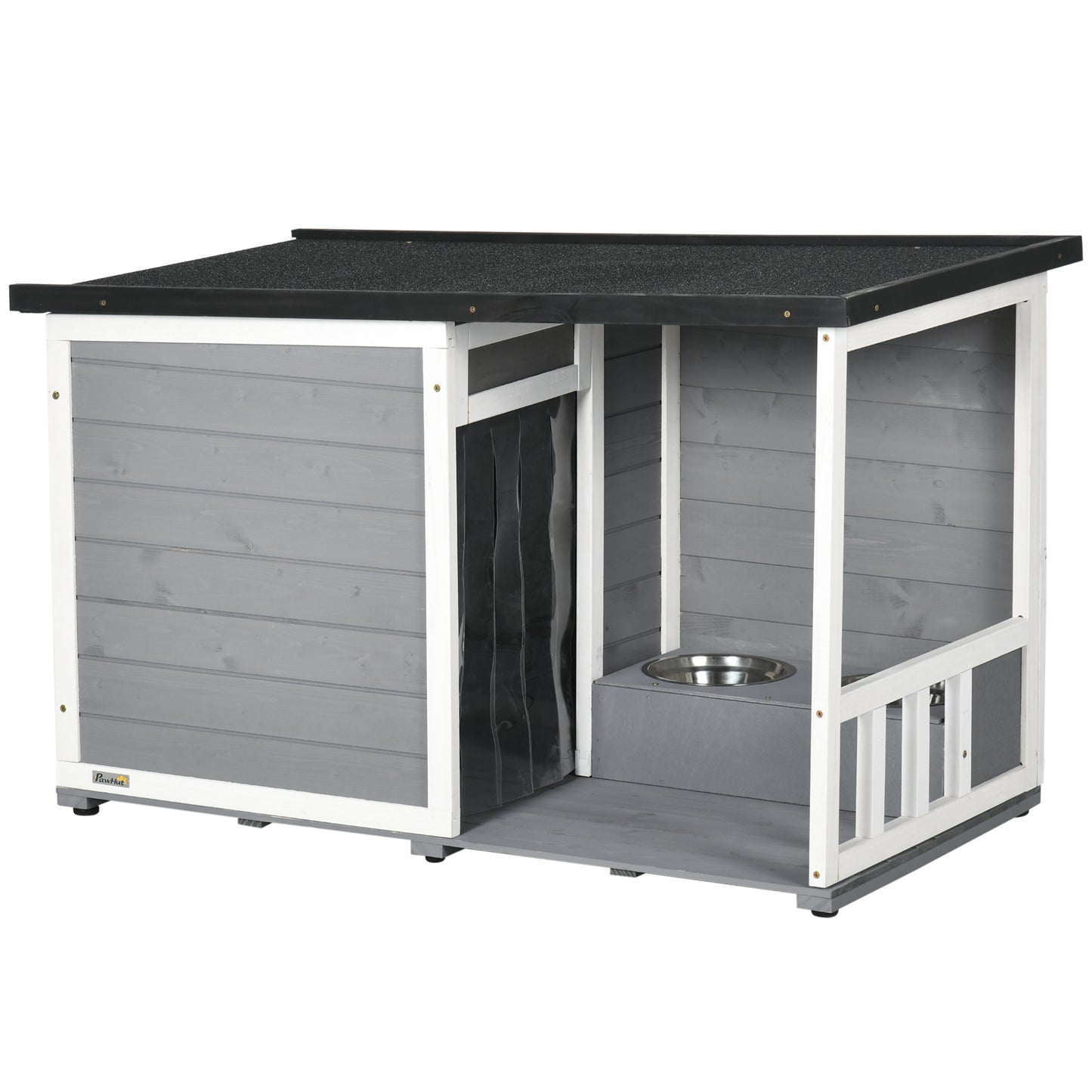 Gigab2b original image - Hundehütte mit Terrasse aus Tannenholz, wetterbeständig, mit 2 Schüsseln & Asphaltdach, Grau, 103x62x60-66cm